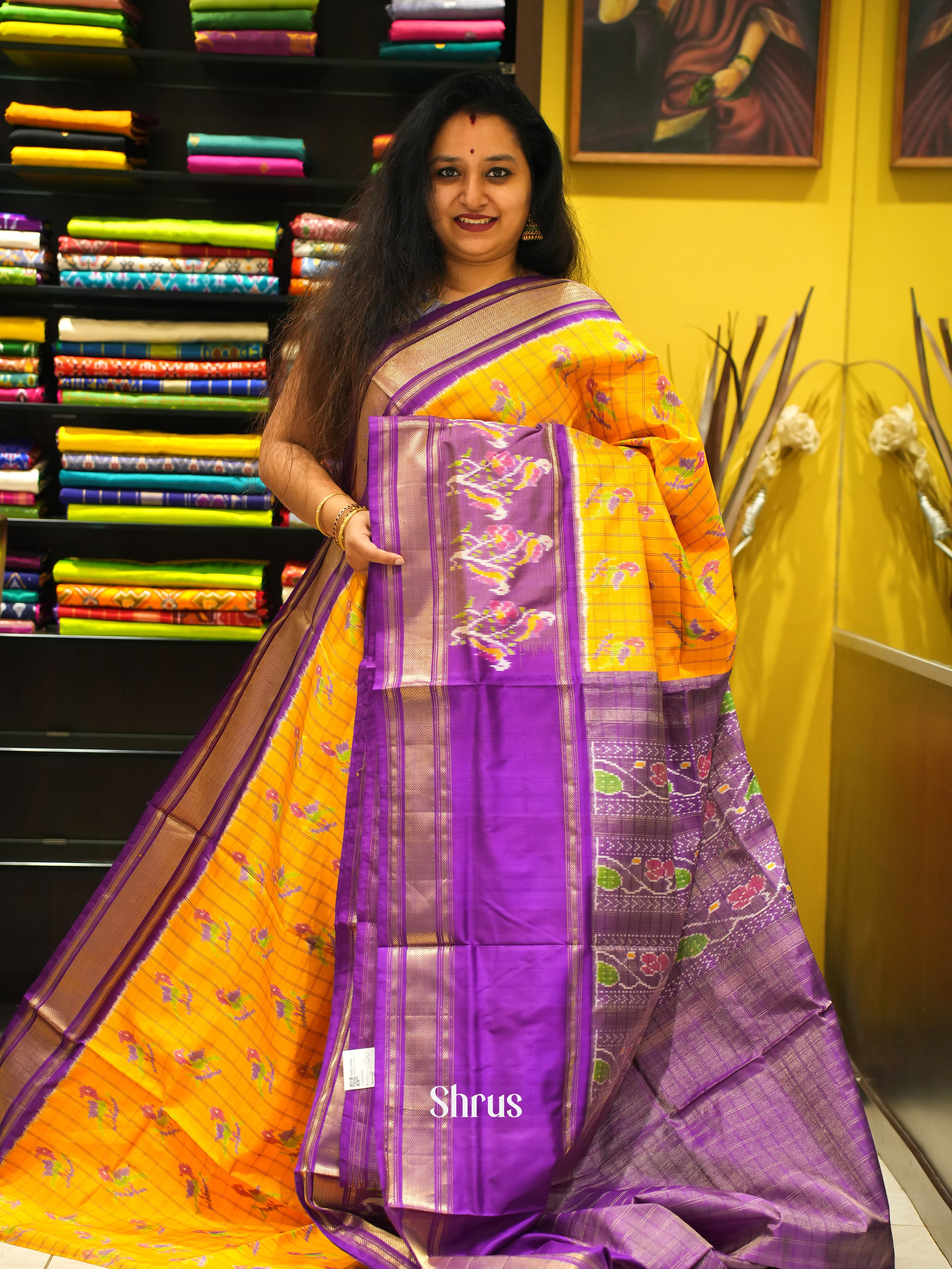 Yellow & Violet - Ikkat Silk Saree with zari border