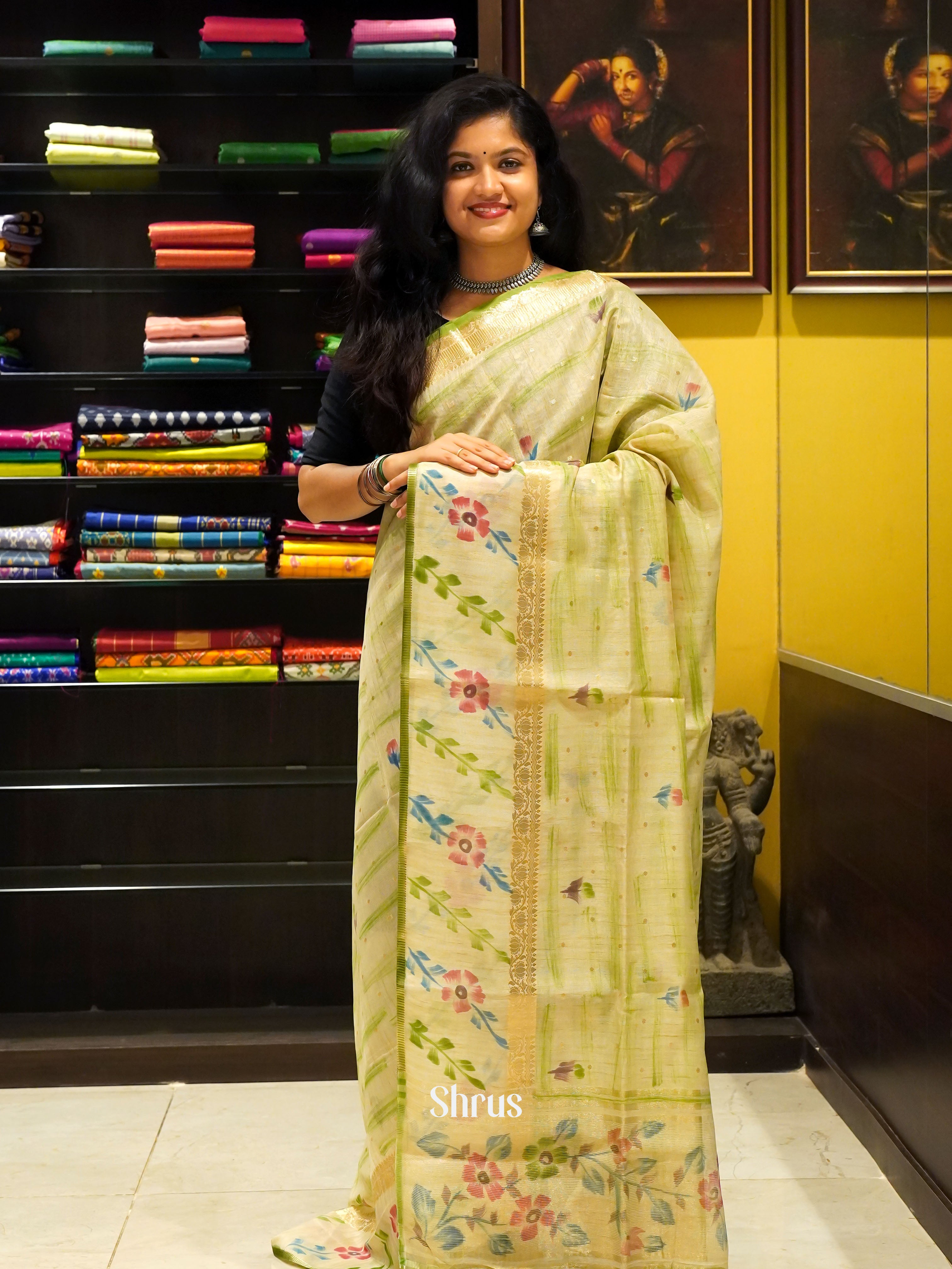 Light Green & Cream - Semi Jute Saree - Shop on ShrusEternity.com