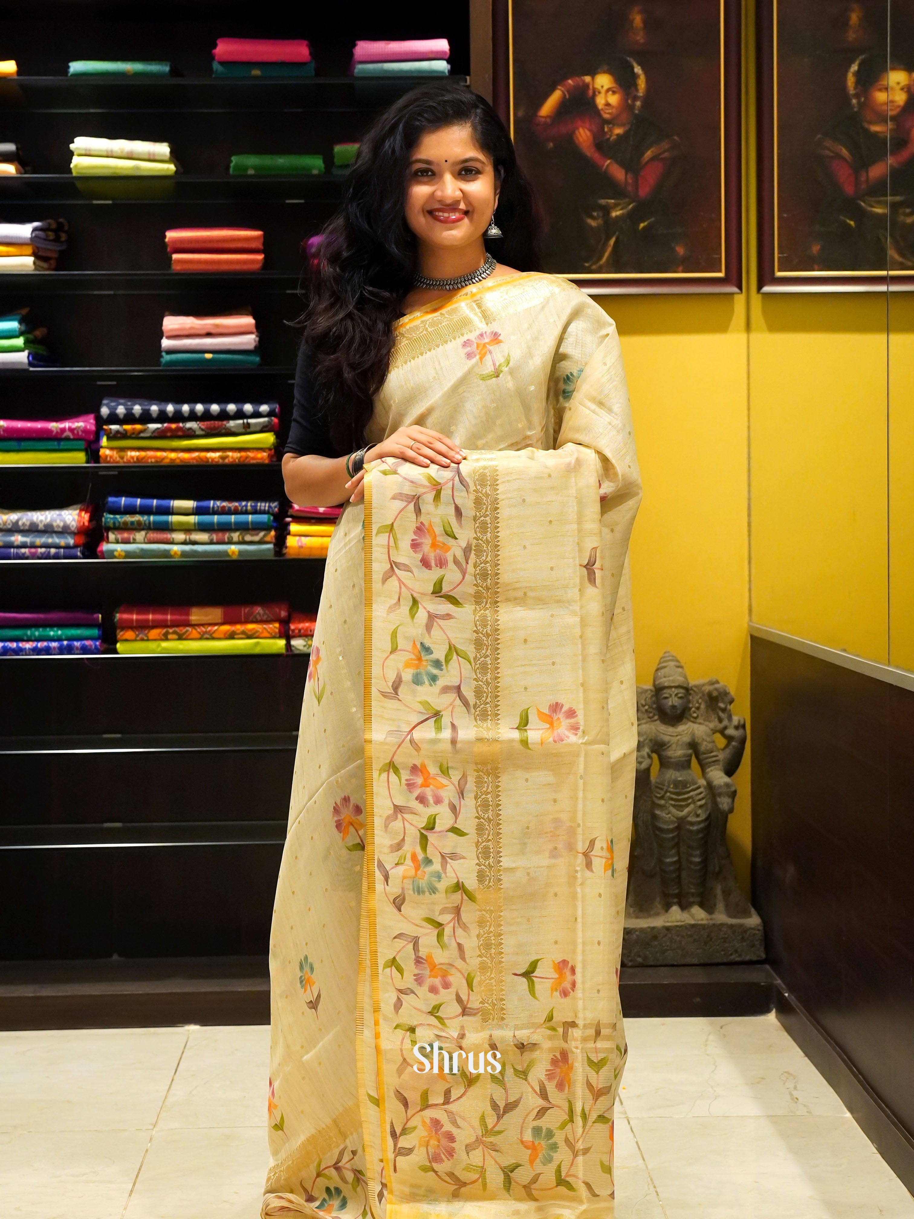 Cream & Yellow - Semi Jute Saree - Shop on ShrusEternity.com