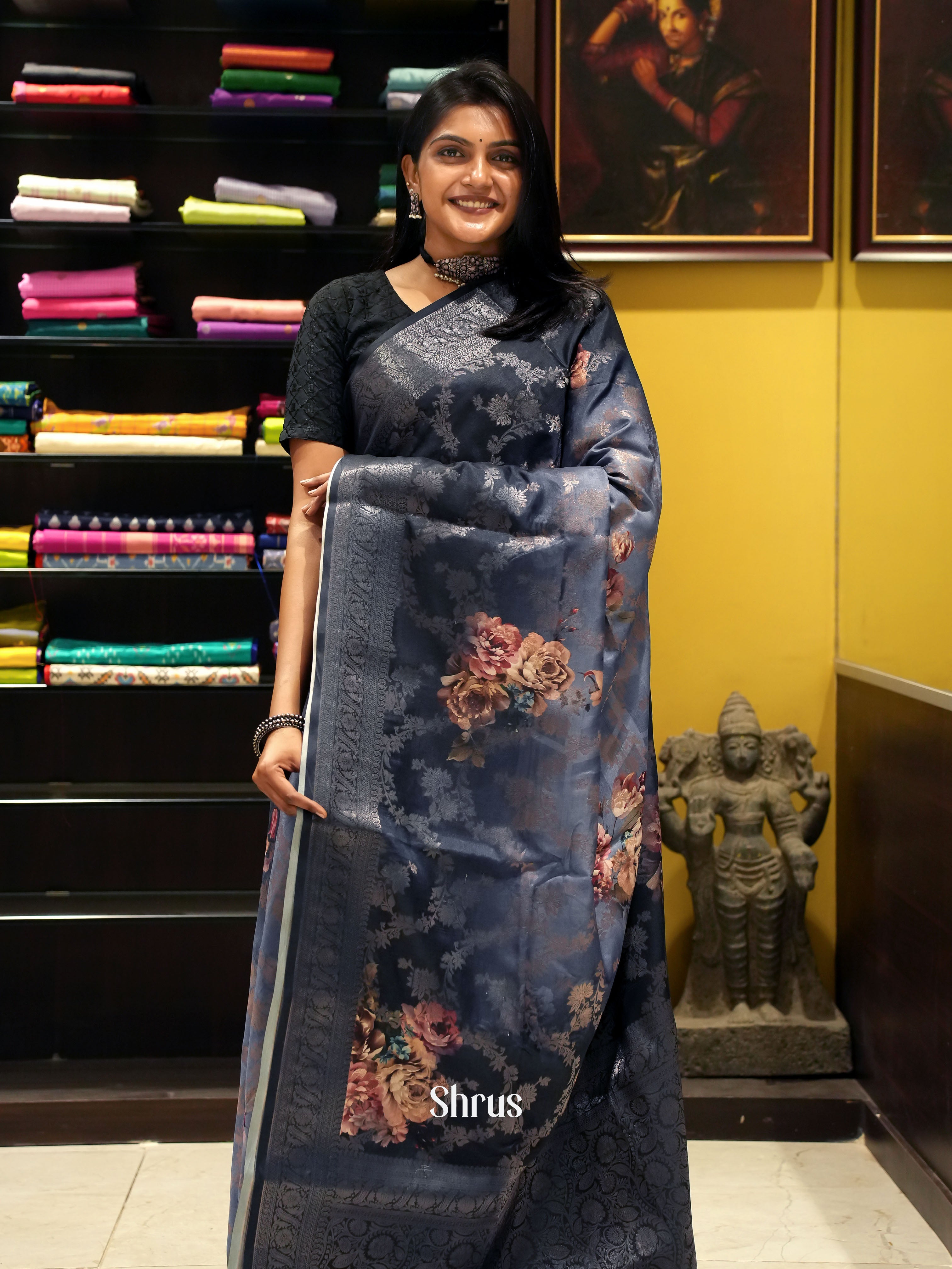 Grey -Semi Dupion Saree - Shop on ShrusEternity.com