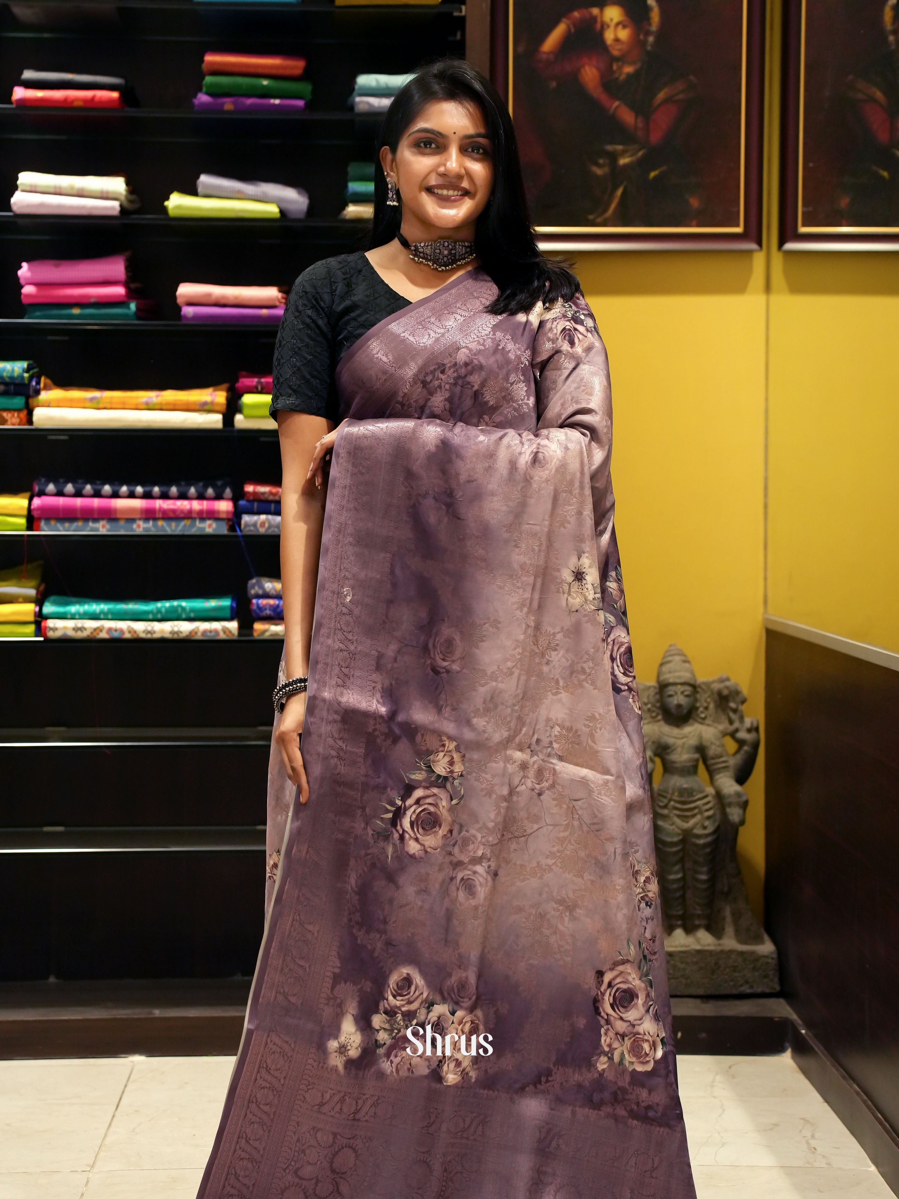 Purple & Cream -Semi Dupion Saree - Shop on ShrusEternity.com