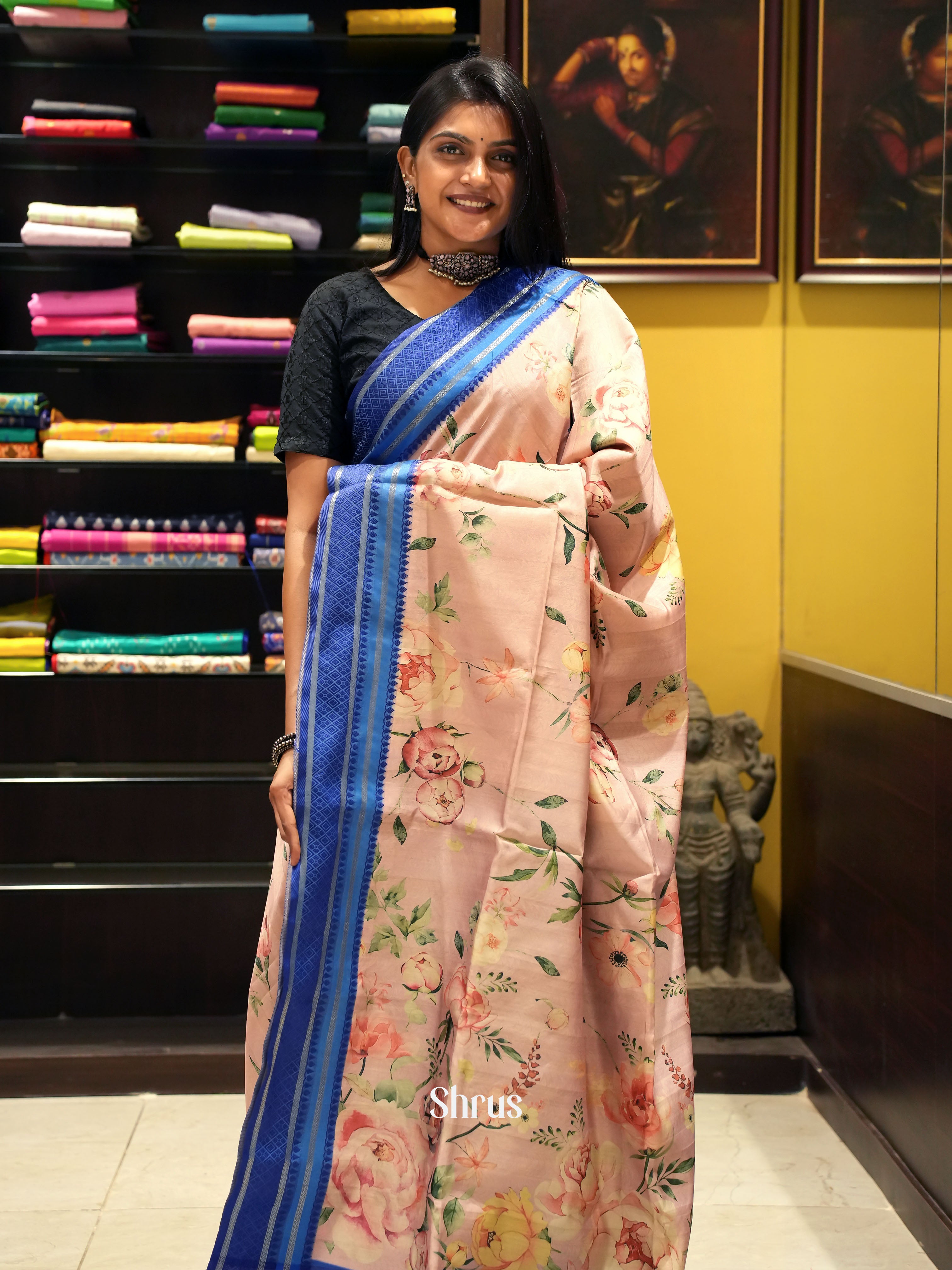 Dusty Pink & Blue -Semi Dupion Saree - Shop on ShrusEternity.com