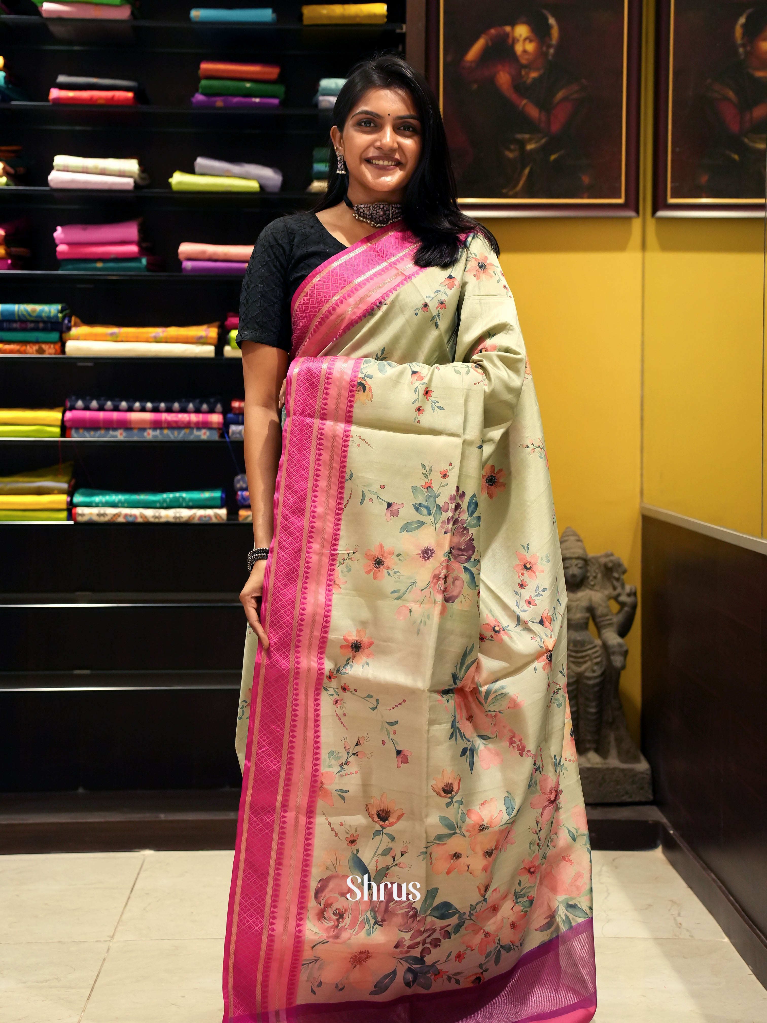 Elachi Green & Pink -Semi Dupion Saree - Shop on ShrusEternity.com