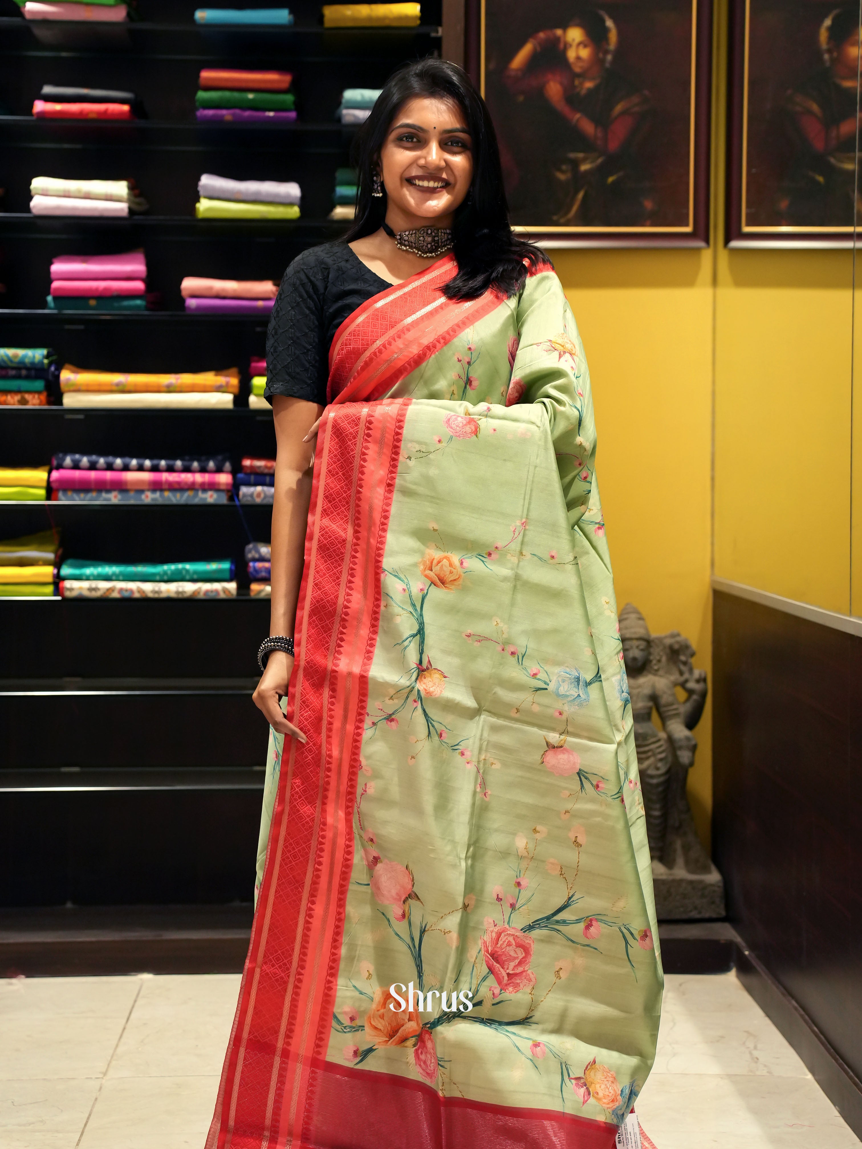 Elachi Green & Red -Semi Dupion Saree - Shop on ShrusEternity.com