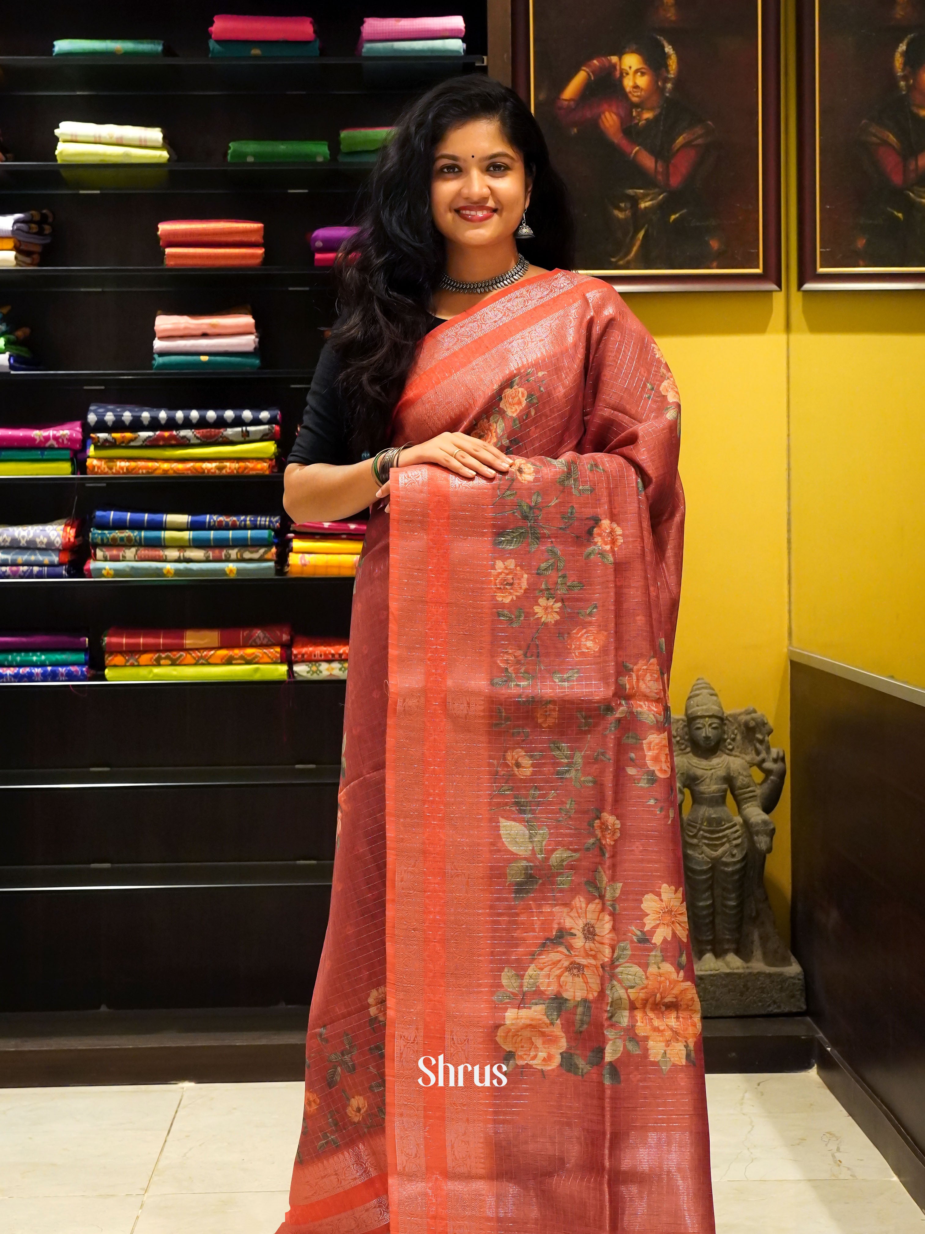 Brown & Red - Semi Jute Saree - Shop on ShrusEternity.com
