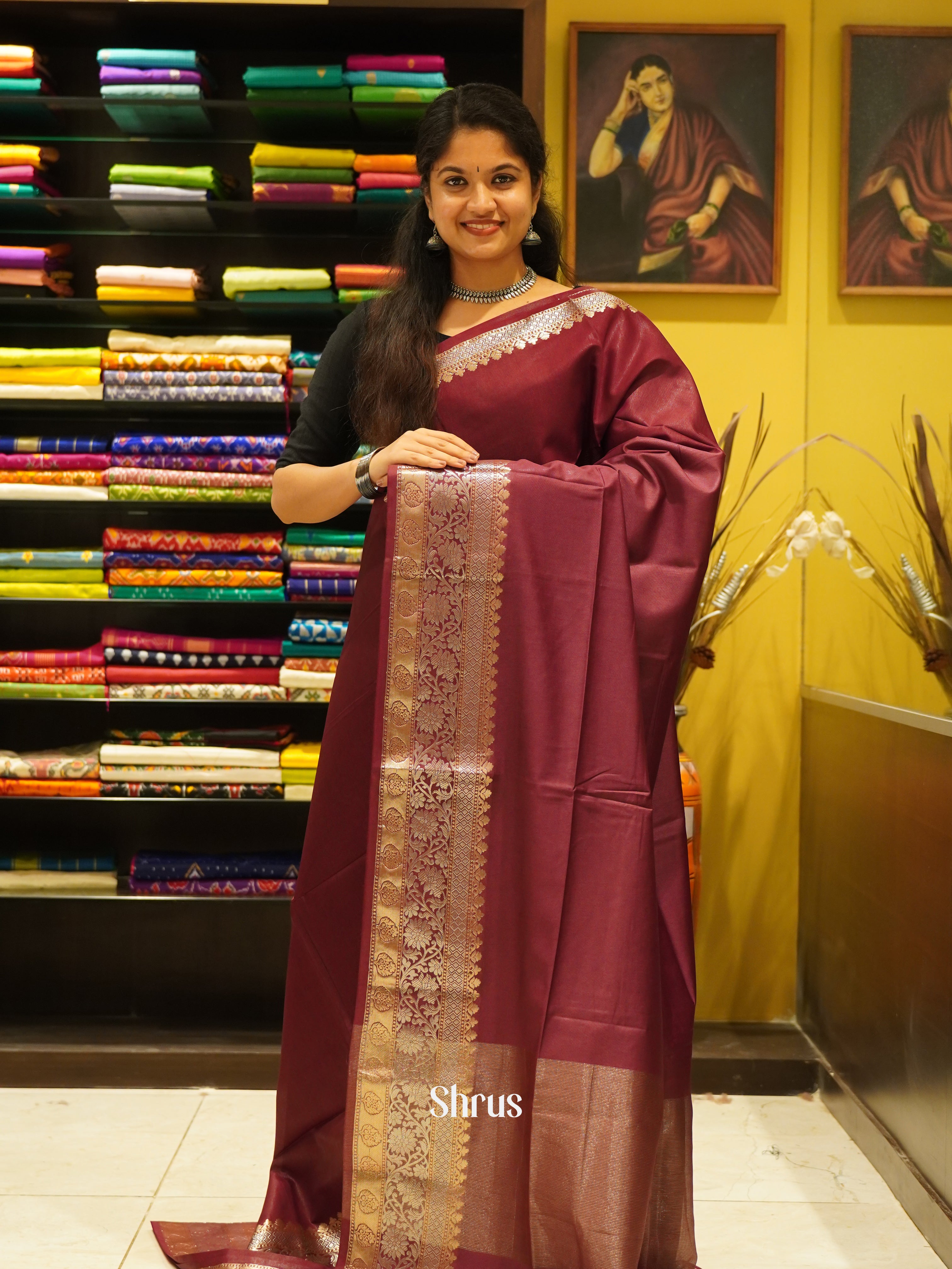 Wine(Single Tone) - Semi Tussar Saree - Shop on ShrusEternity.com