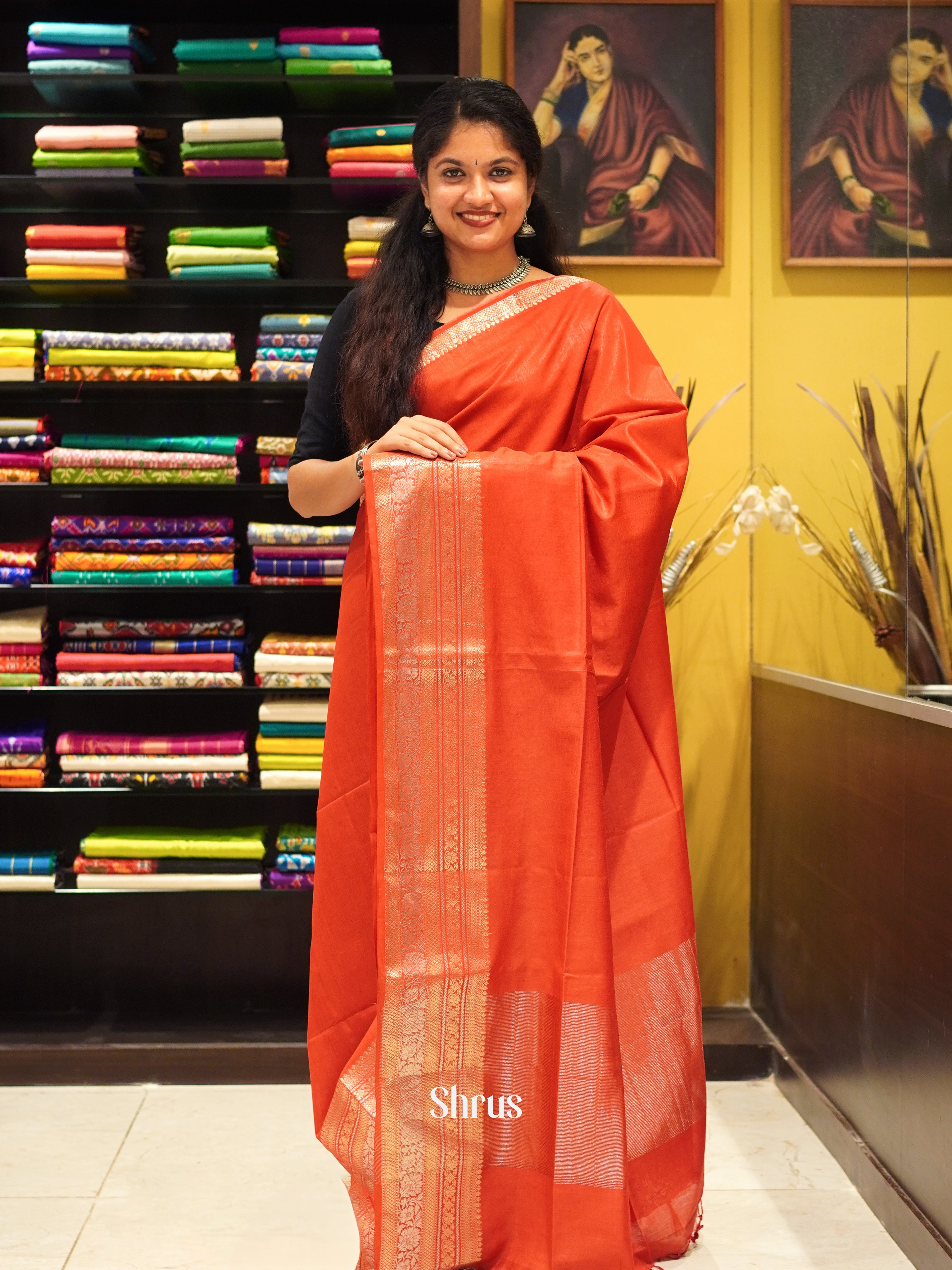 Red(Single Tone) - Semi Tussar Saree - Shop on ShrusEternity.com