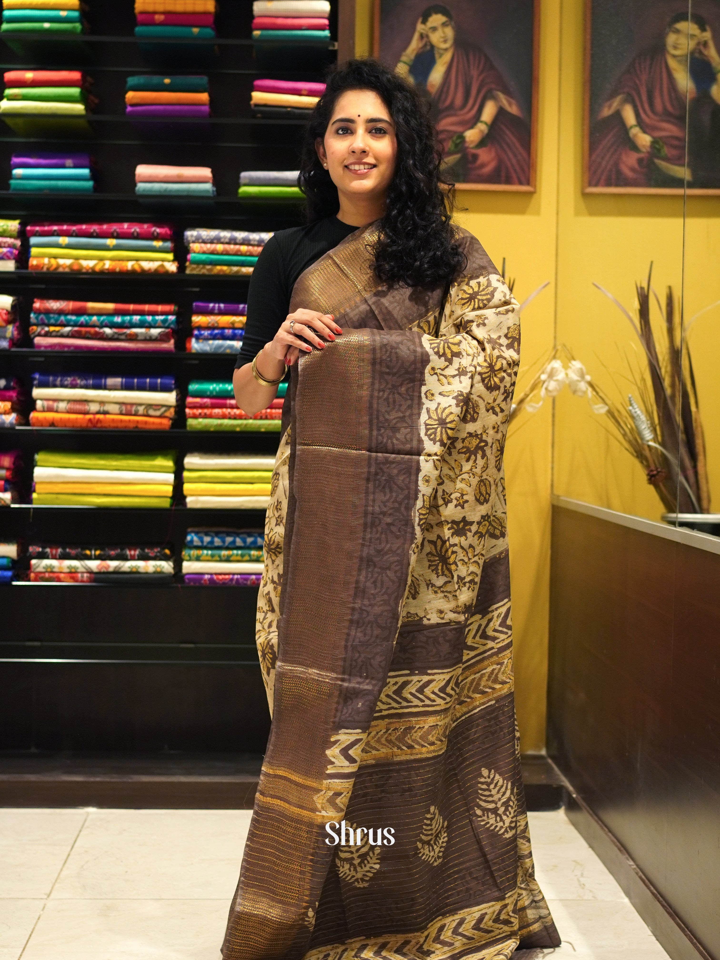 Cream & Grey - Semi Chanderi Saree - Shop on ShrusEternity.com