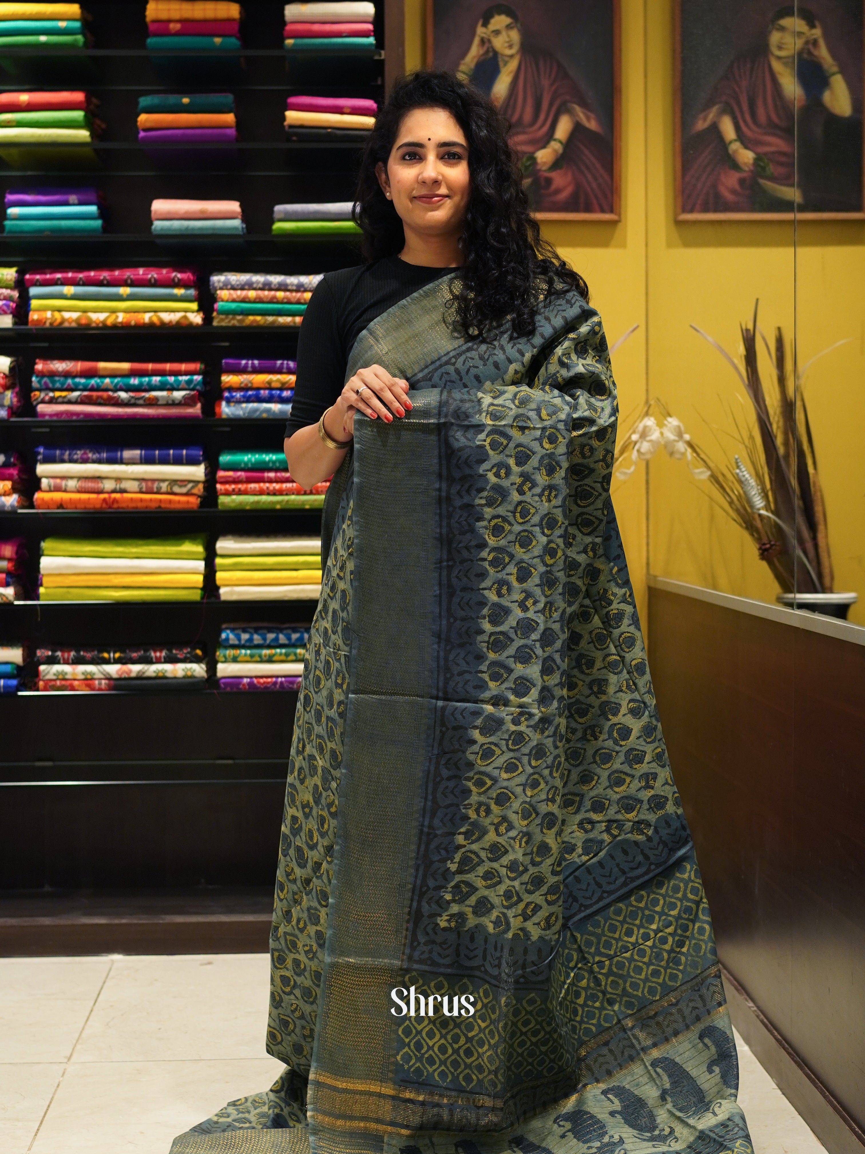 Grey - Semi Chanderi Saree - Shop on ShrusEternity.com