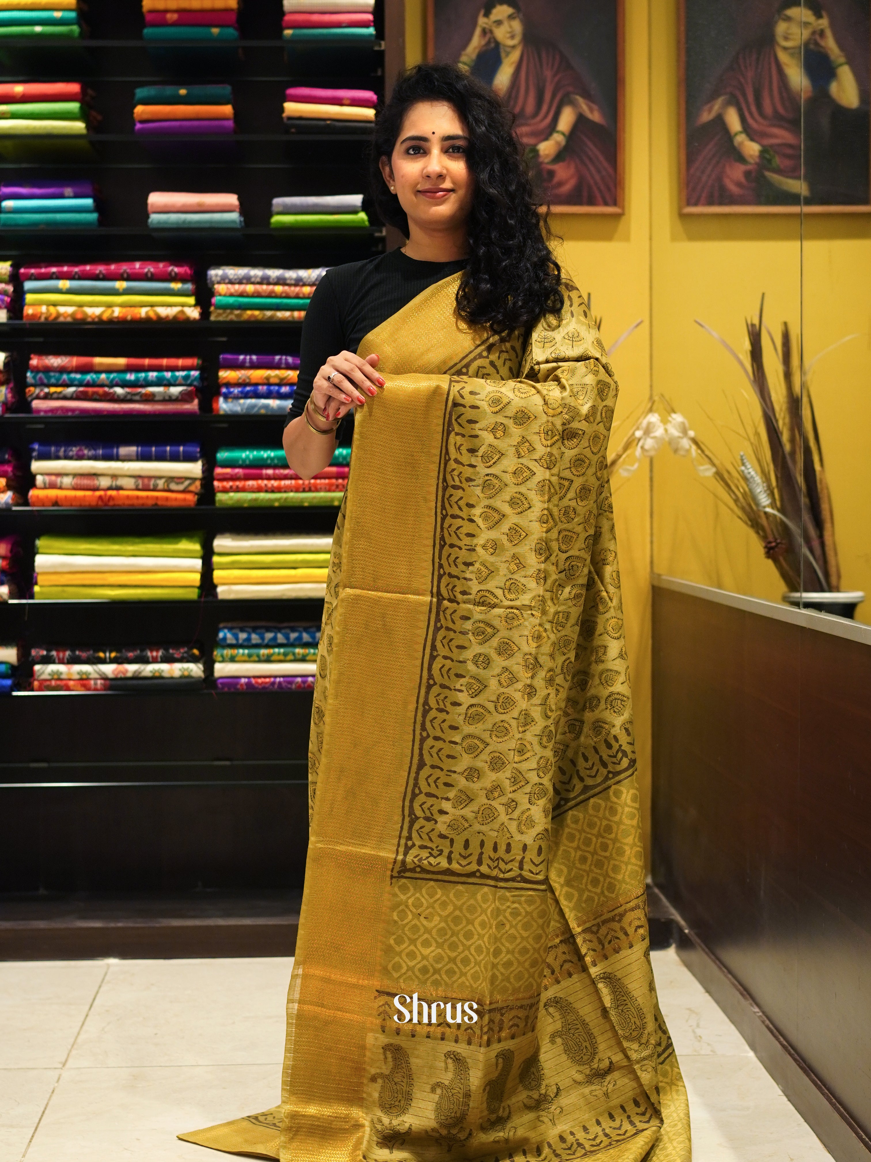 Mustardy Green(Single Tone) -Semi Chanderi saree - Shop on ShrusEternity.com