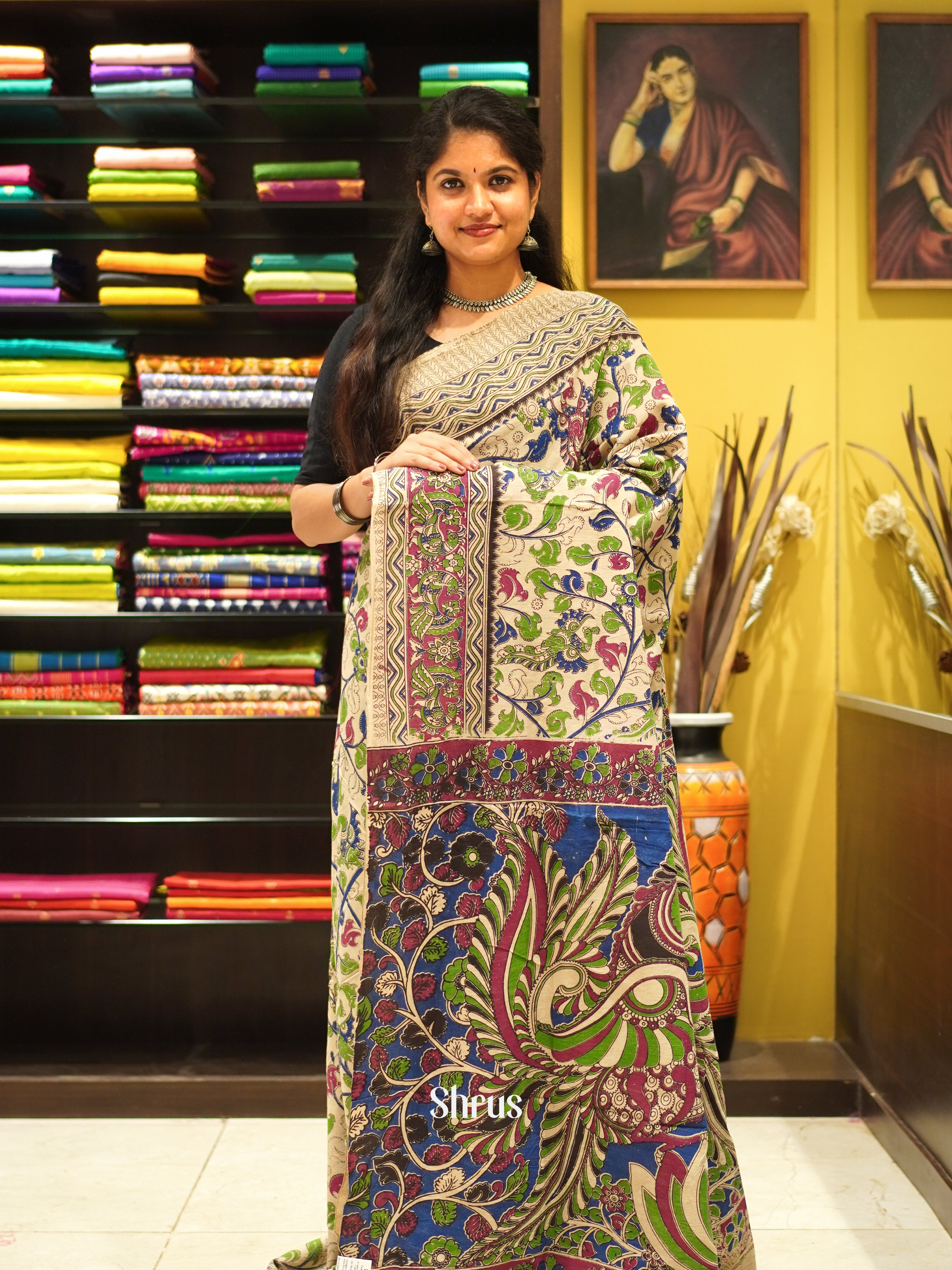 Cream & Blue - kalamkari-cotton Saree - Shop on ShrusEternity.com