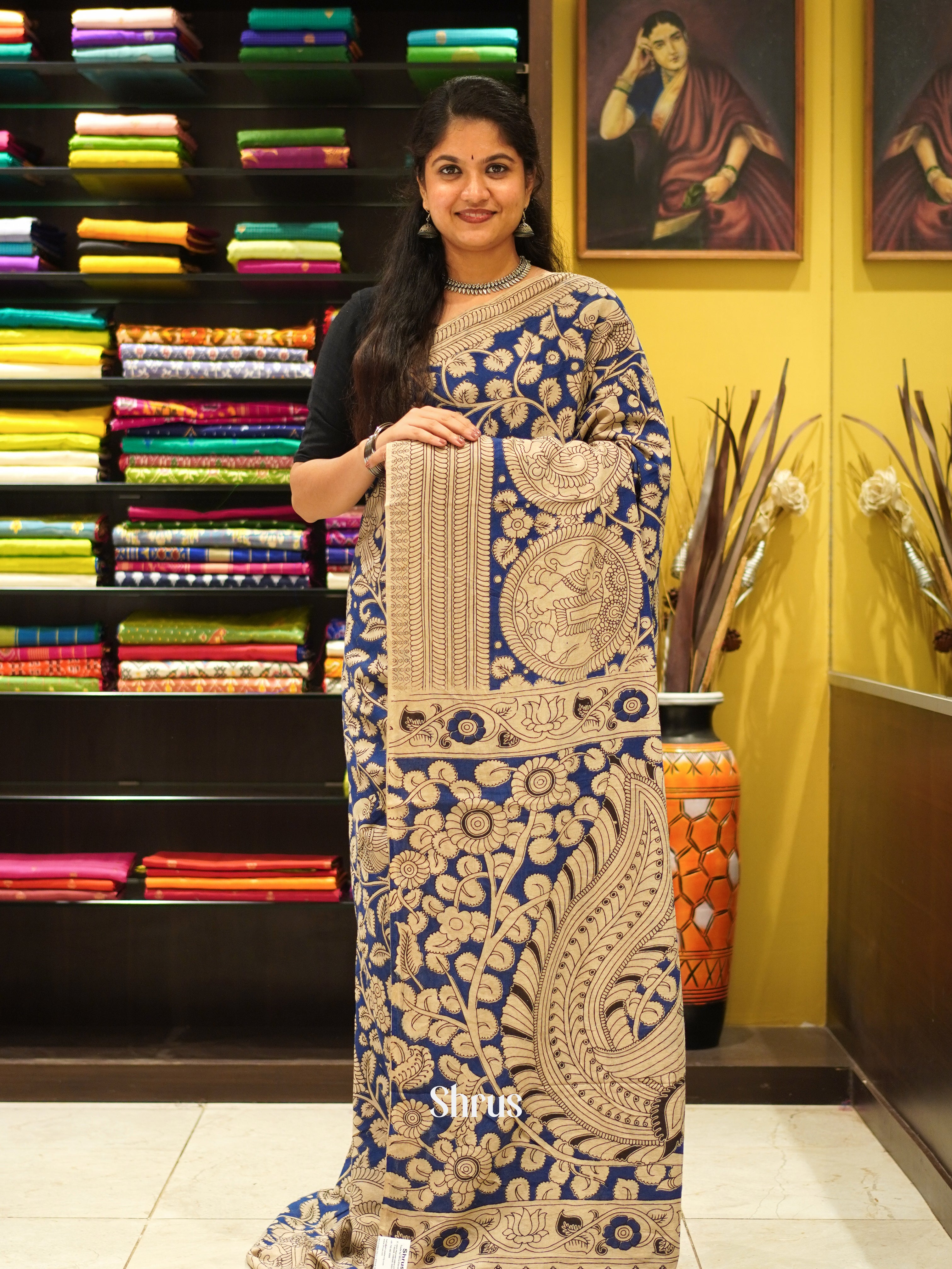 Blue & Cream - kalamkari-cotton Saree - Shop on ShrusEternity.com