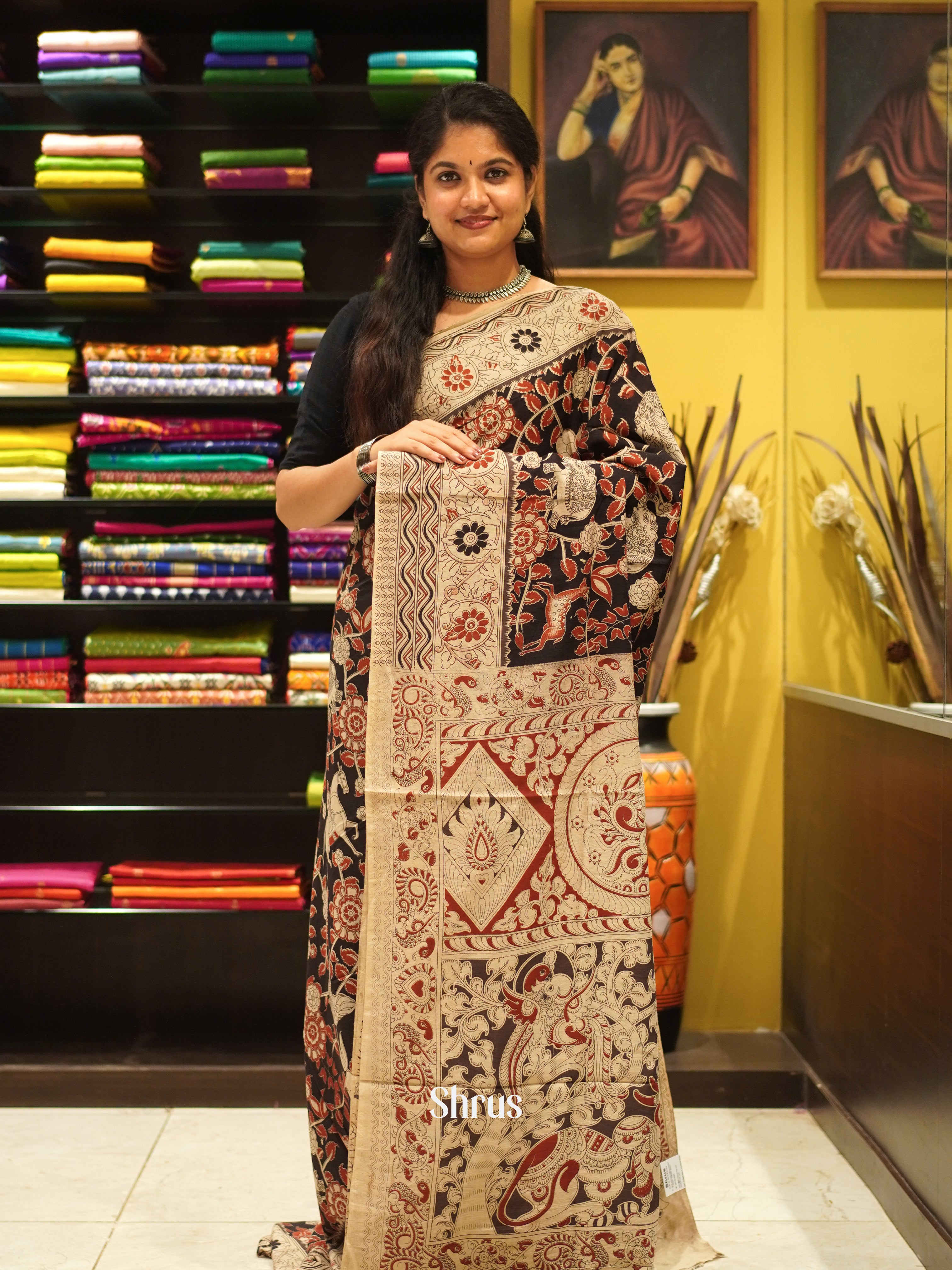 Black & Beige - kalamkari-cotton Saree - Shop on ShrusEternity.com