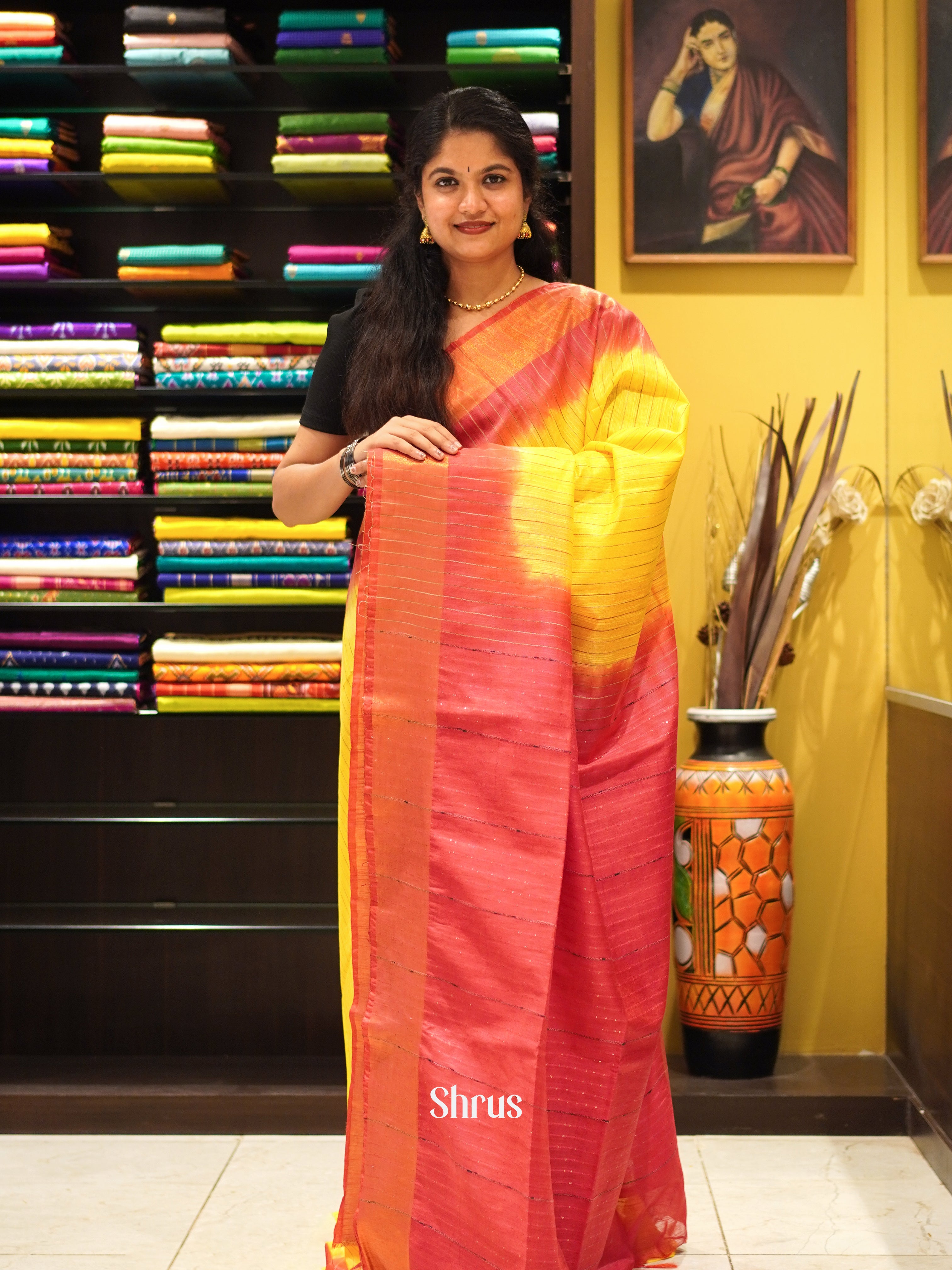 Yellow & Red - Semi Tussar Saree - Shop on ShrusEternity.com