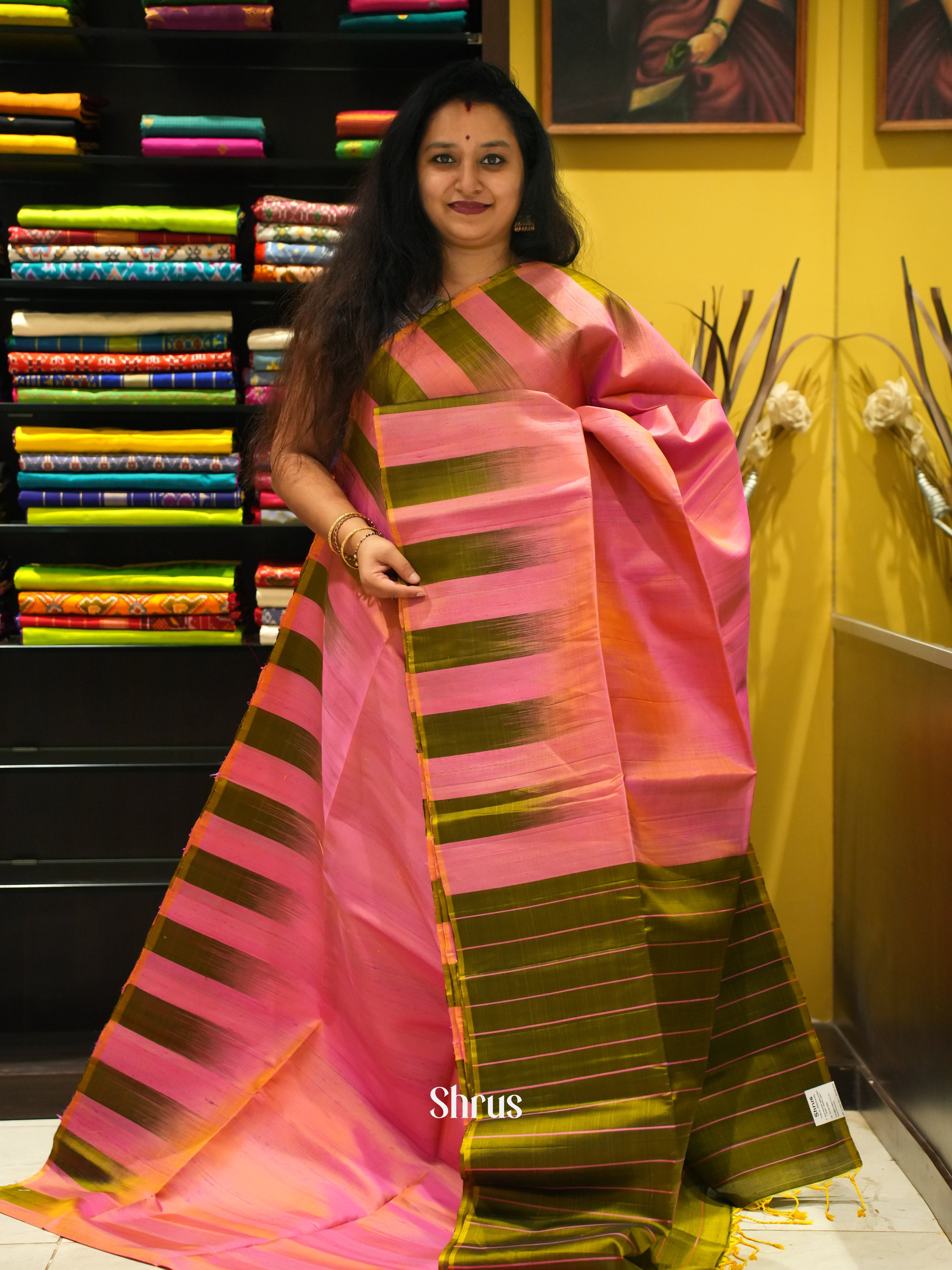 Pink & Green - Soft Silk Saree - Shop on ShrusEternity.com