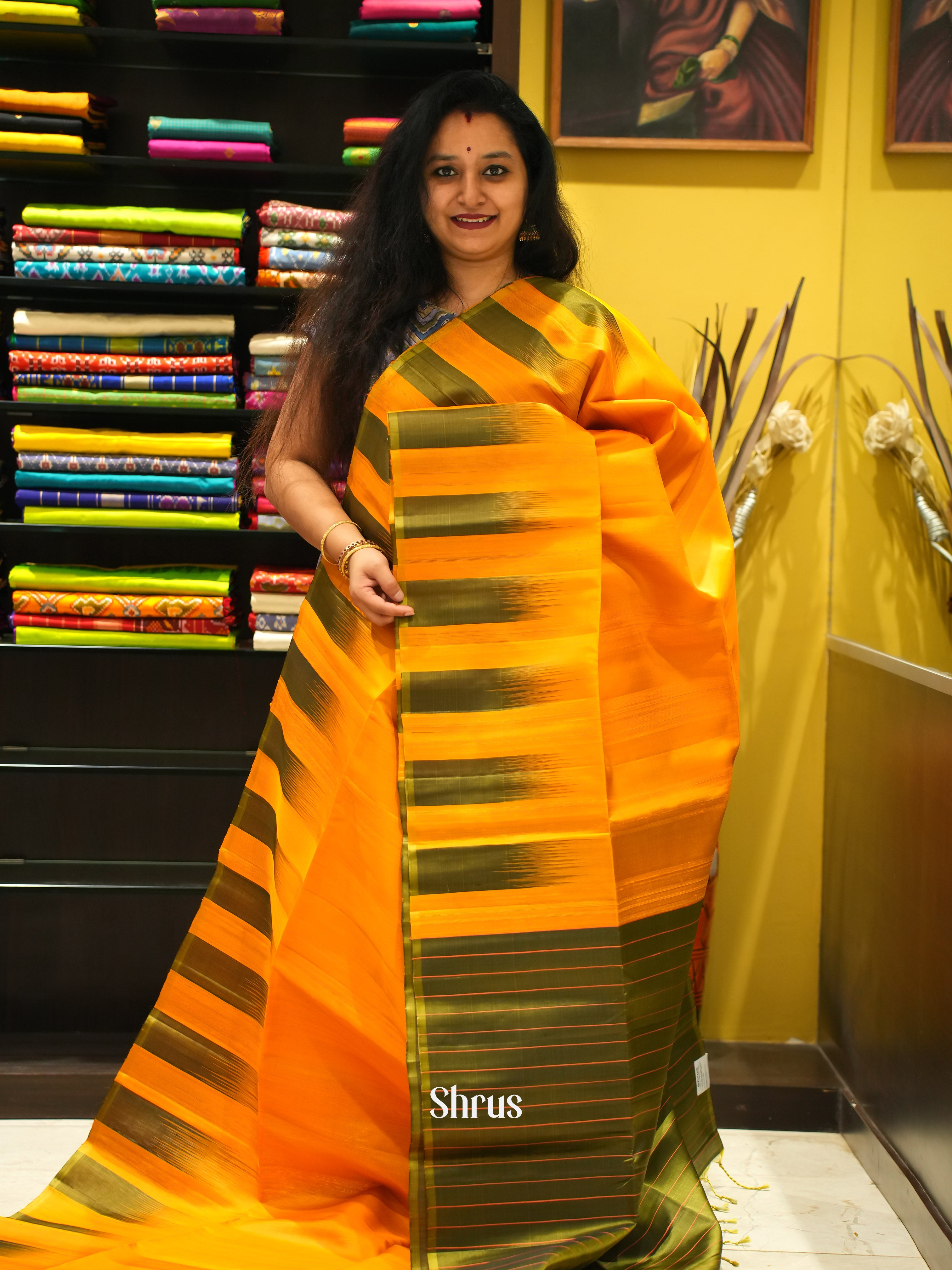 Mustard & Green - Soft Silk Saree - Shop on ShrusEternity.com
