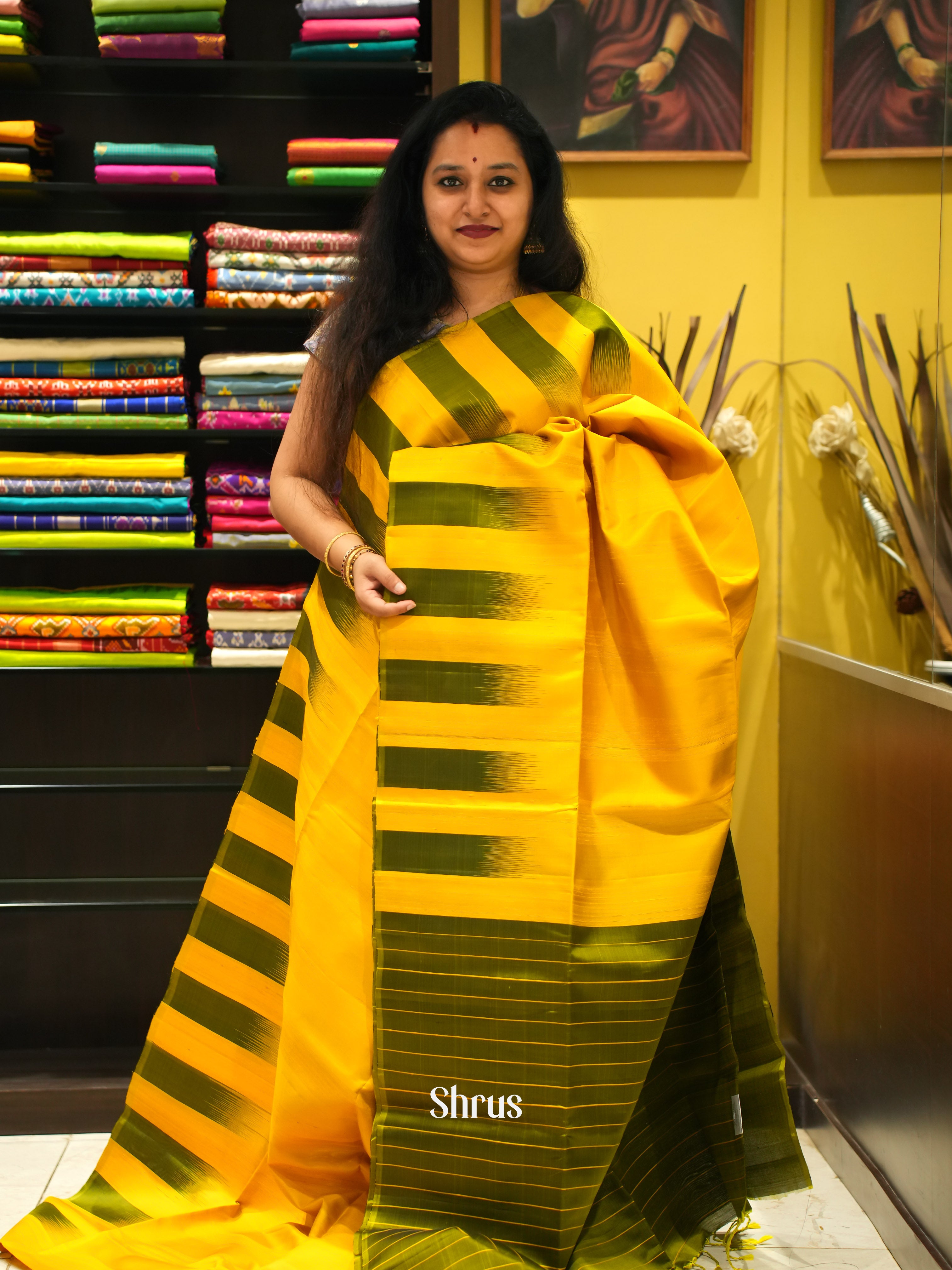 Yellow & Green - Soft Silk Saree - Shop on ShrusEternity.com