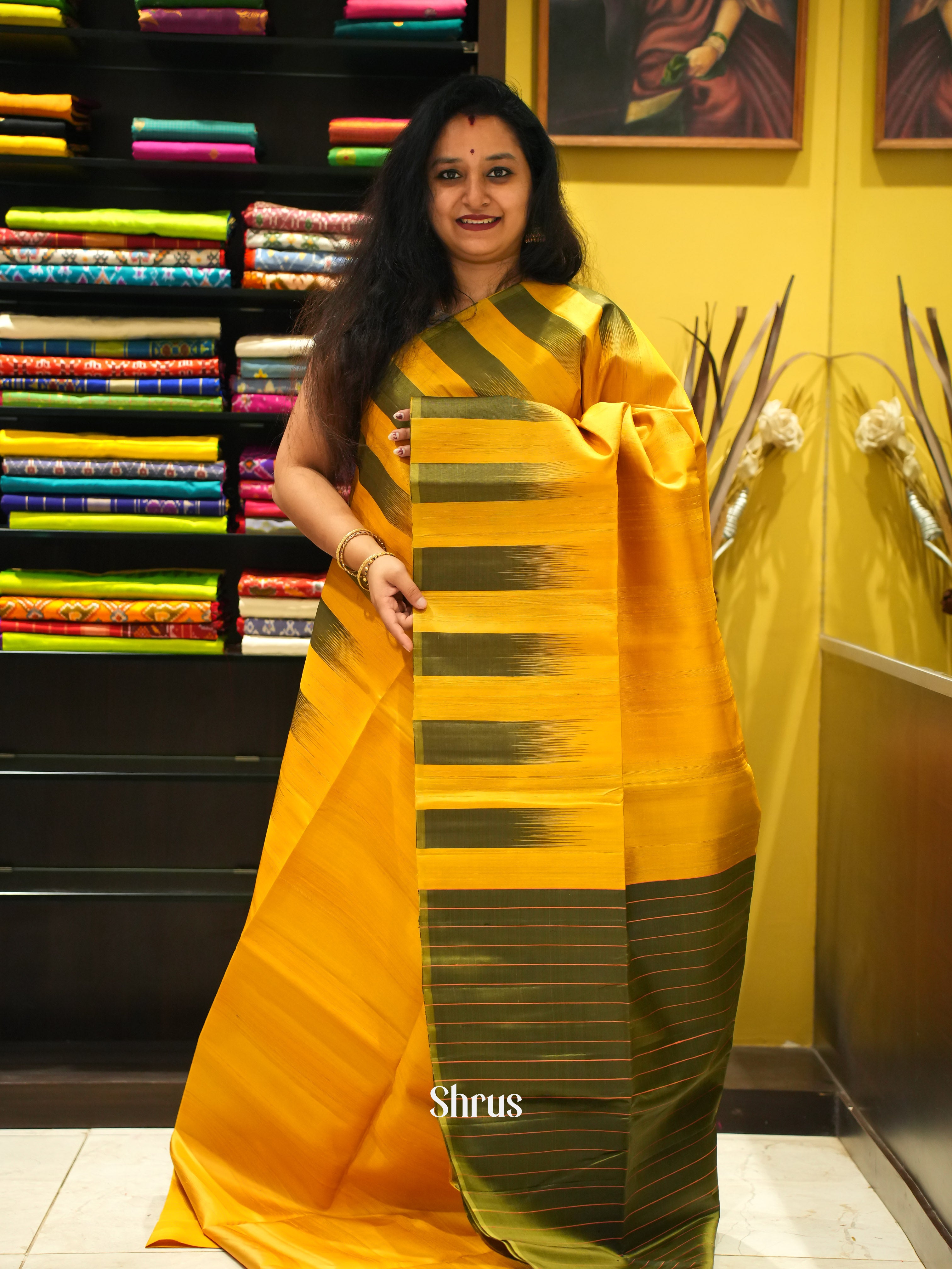 Yellow & Green - Soft Silk Saree - Shop on ShrusEternity.com