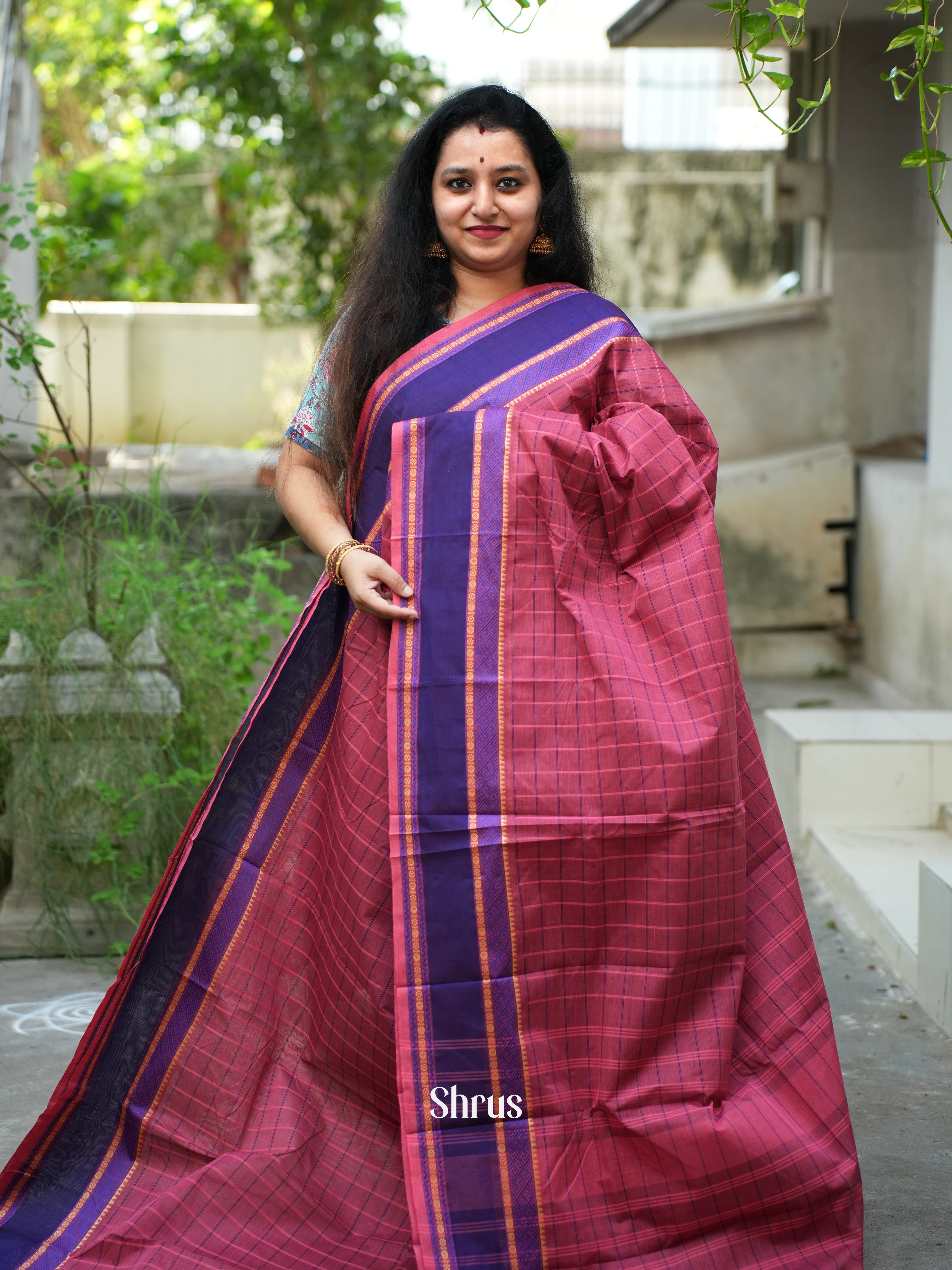 Purple & Blue - Chettinad Cotton Saree - Shop on ShrusEternity.com