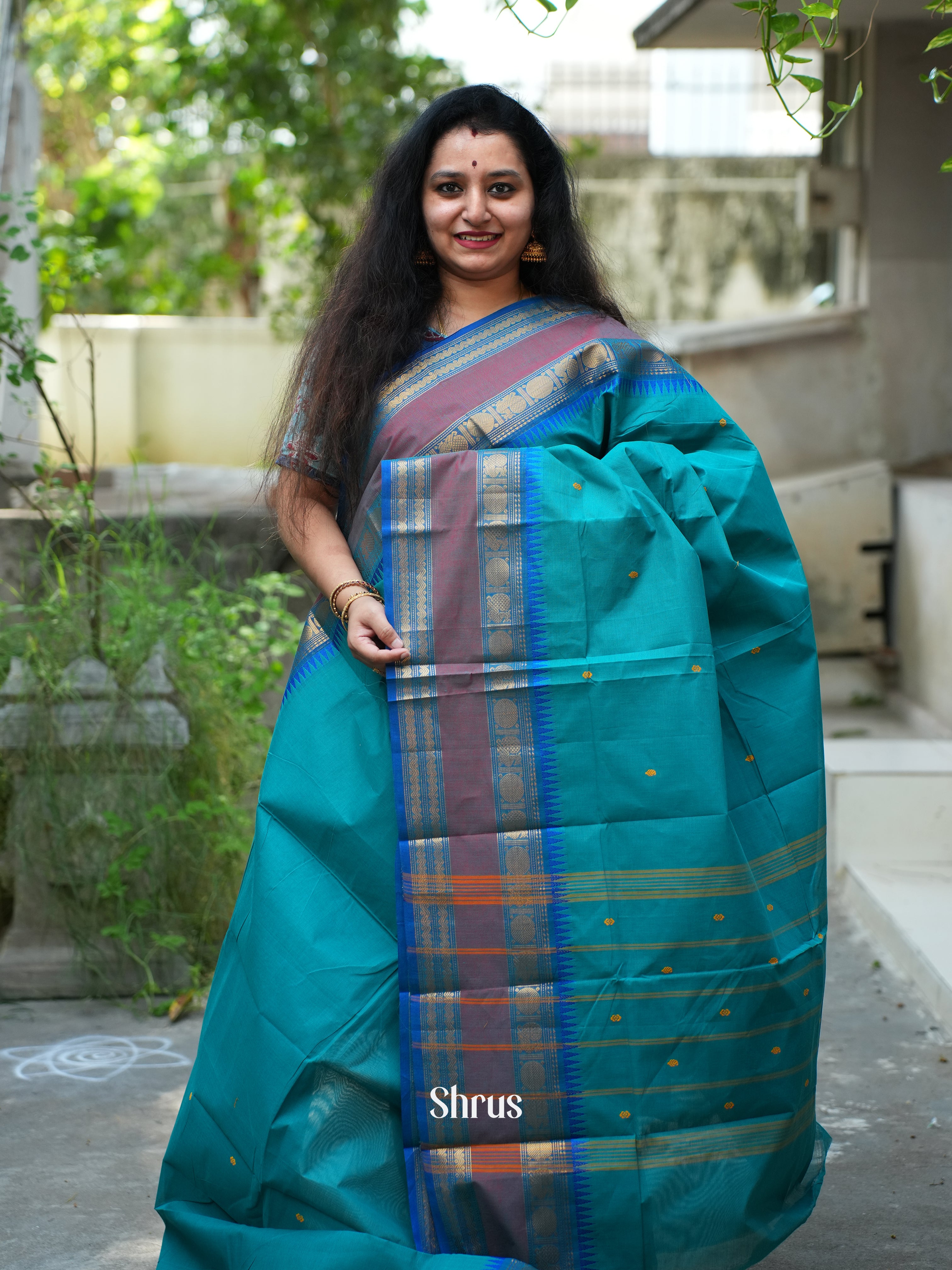 Teal & Blue - Chettinad Cotton Saree - Shop on ShrusEternity.com