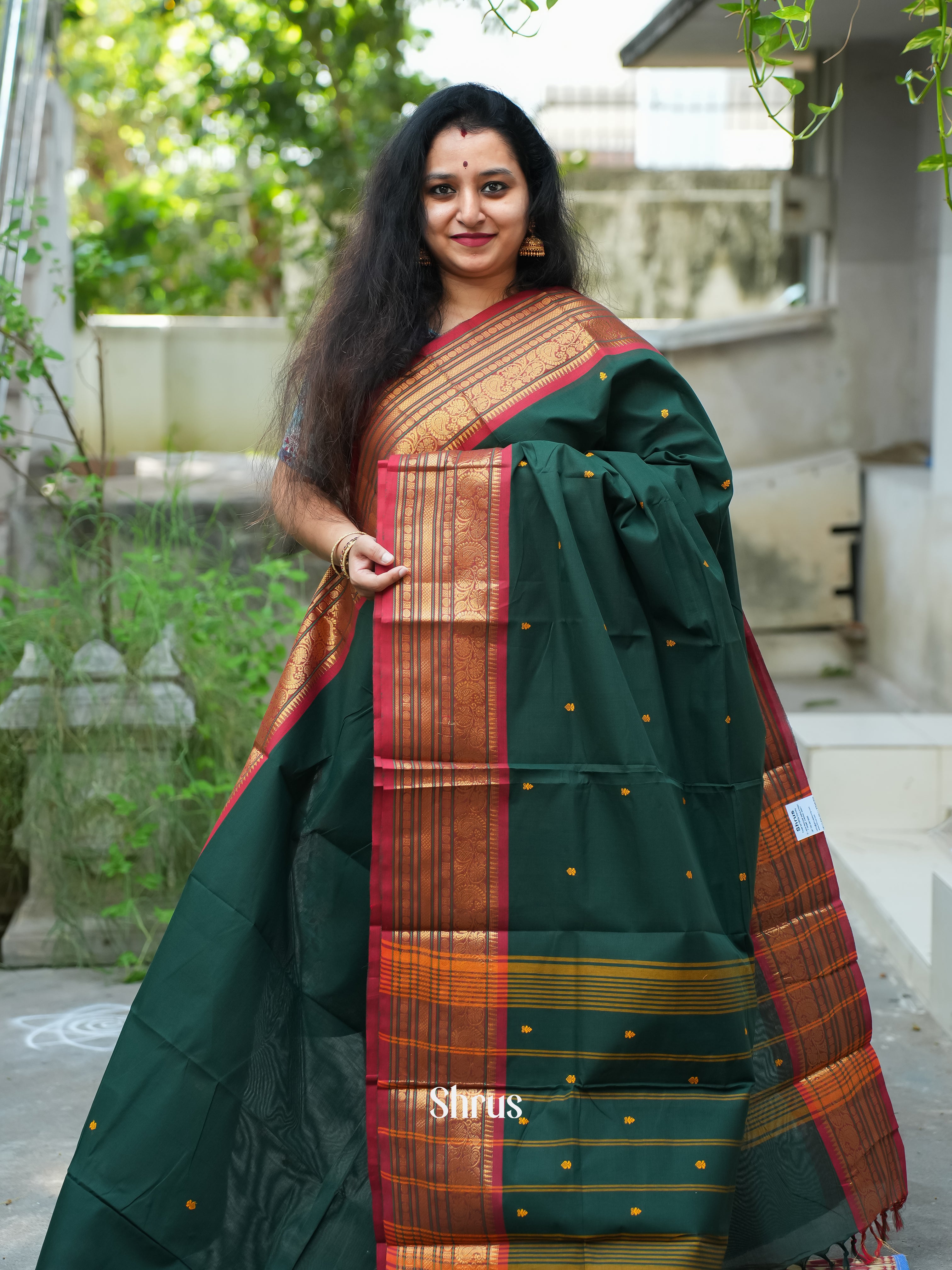 Peacock Green & Red - Chettinad Cotton Saree - Shop on ShrusEternity.com