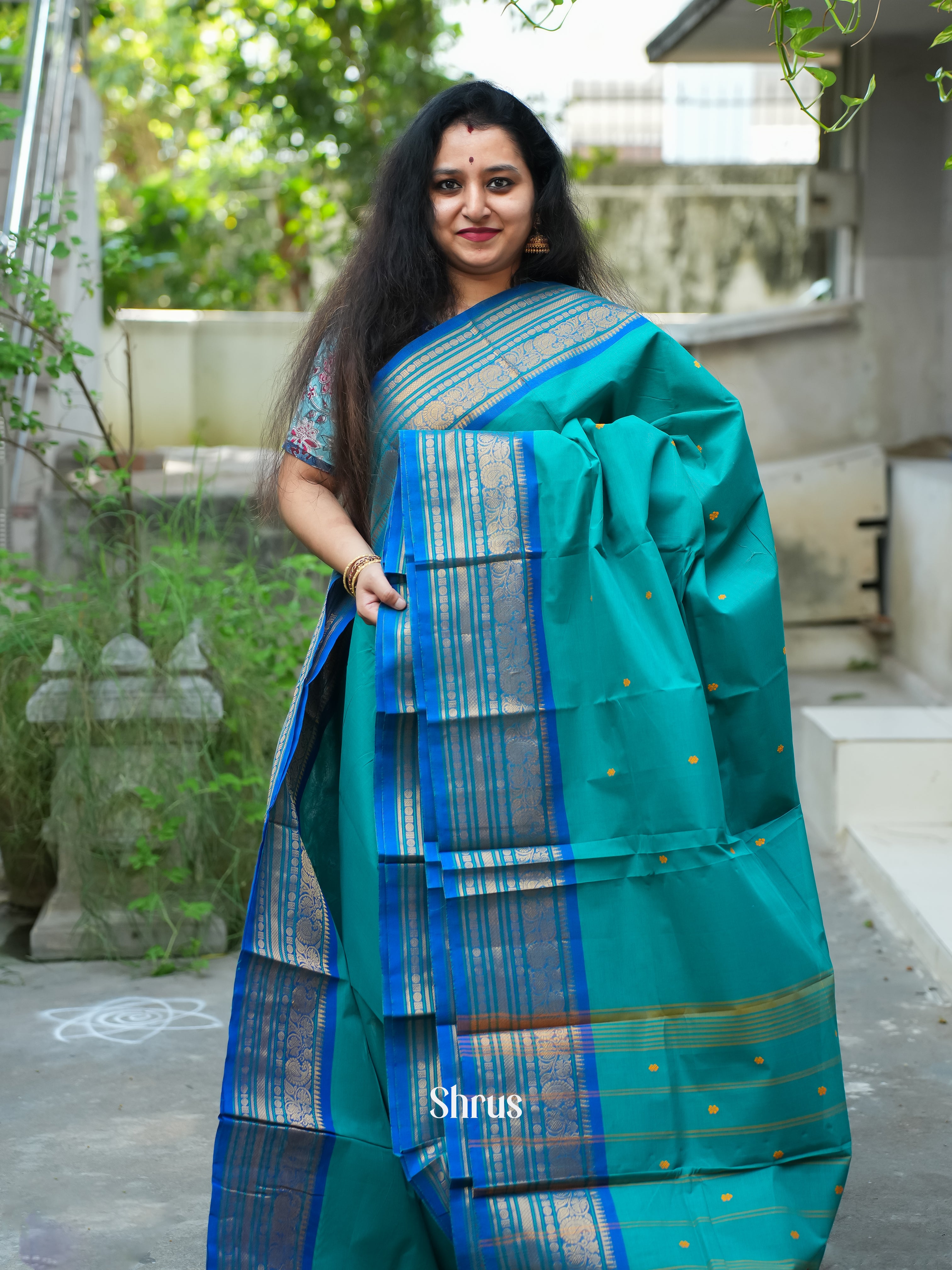 Teal & Blue - Chettinad Cotton Saree - Shop on ShrusEternity.com