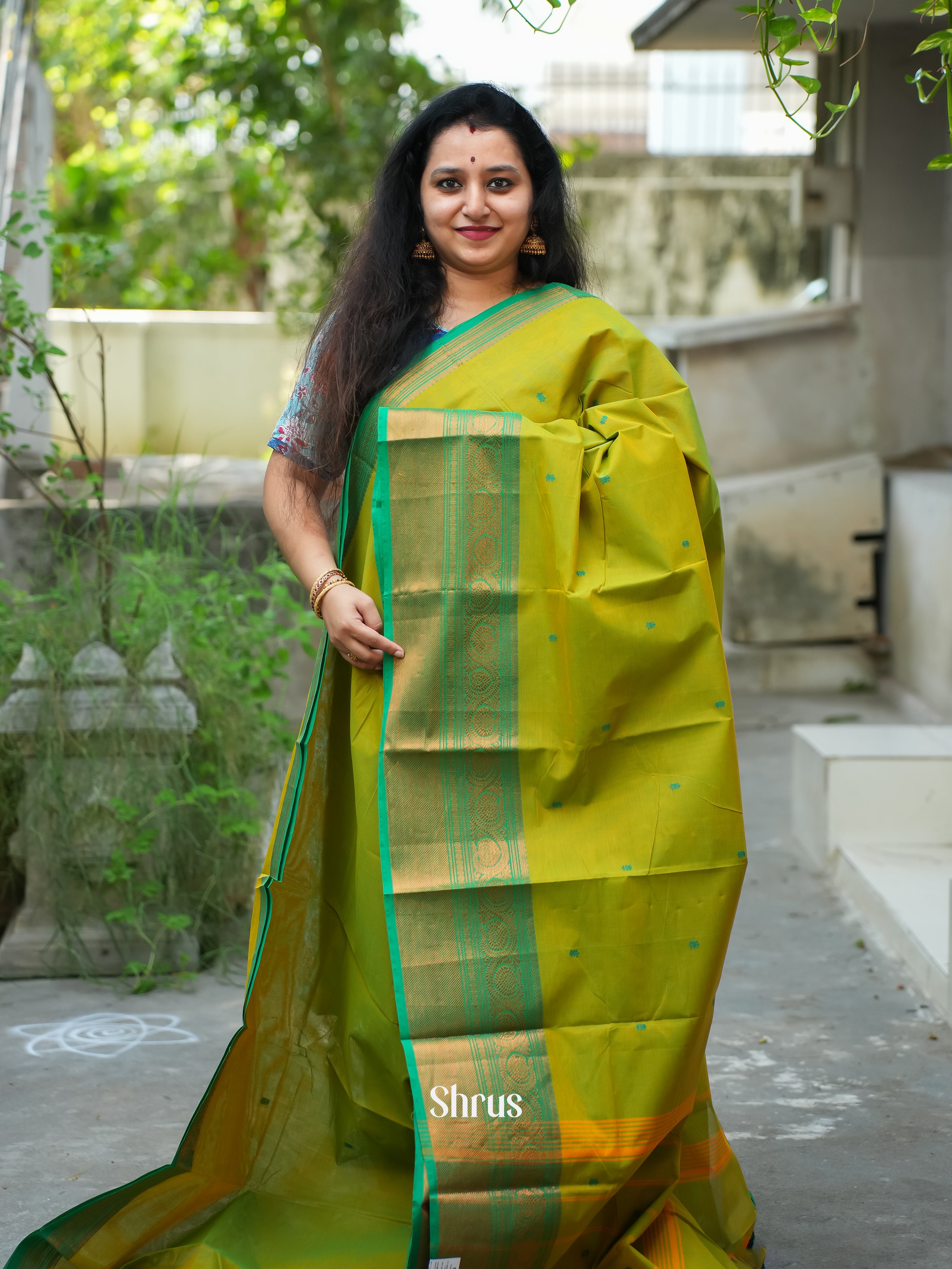 Light Green & Green - Chettinad Cotton Saree - Shop on ShrusEternity.com