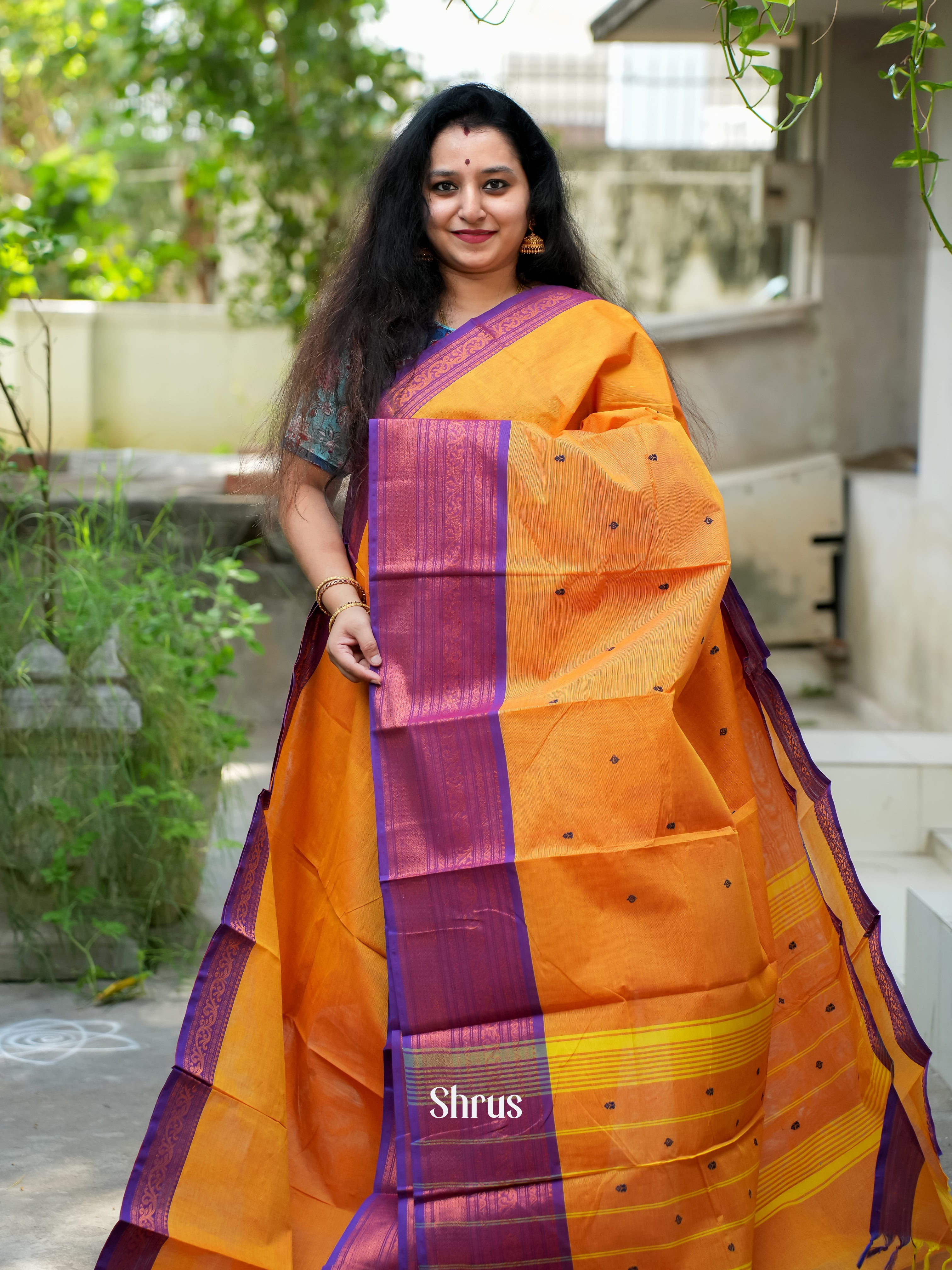 Orange & Violet - Chettinad Cotton Saree - Shop on ShrusEternity.com