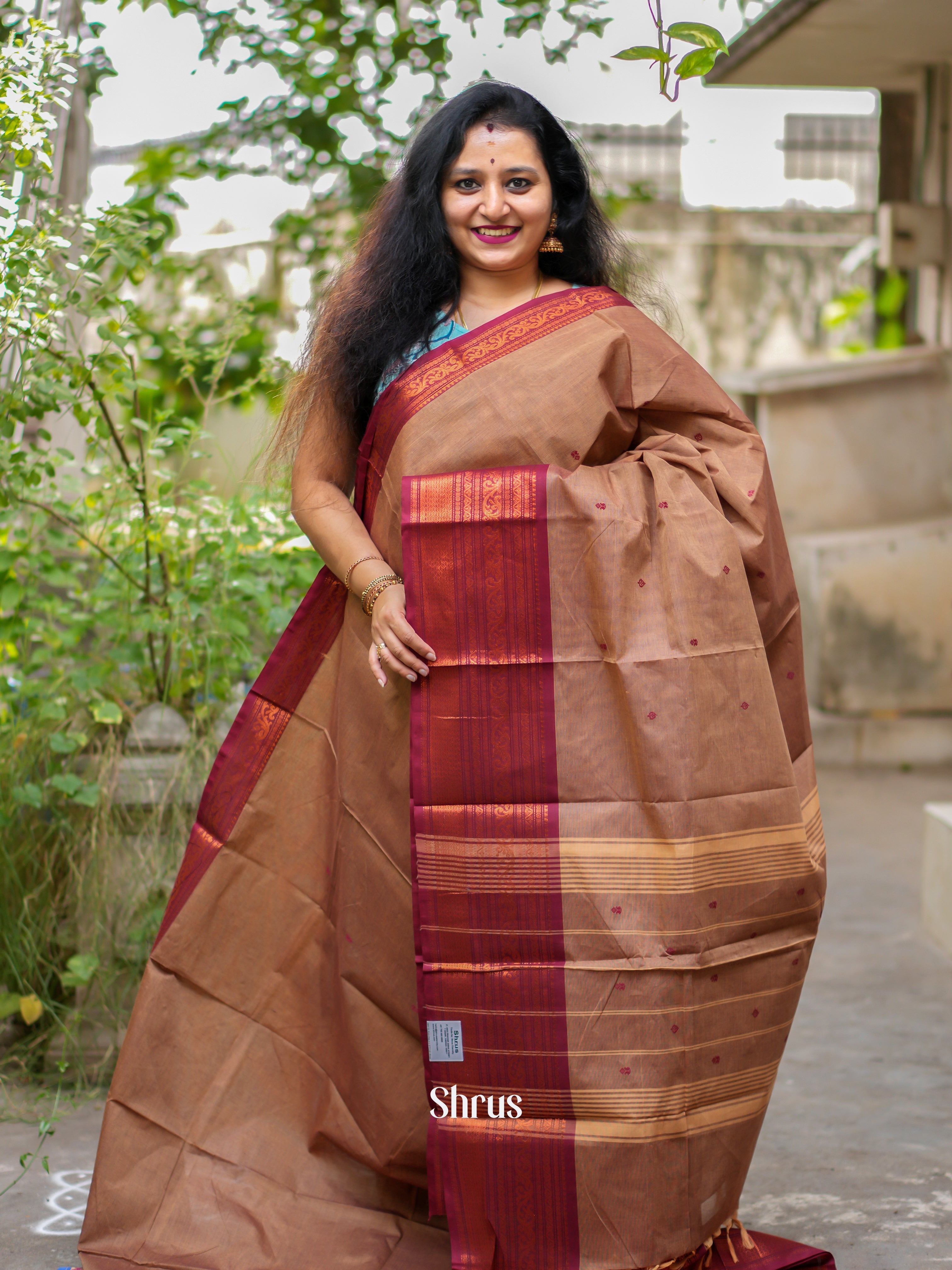 Dusty Brown & Maroon - Chettinad Cotton Saree - Shop on ShrusEternity.com