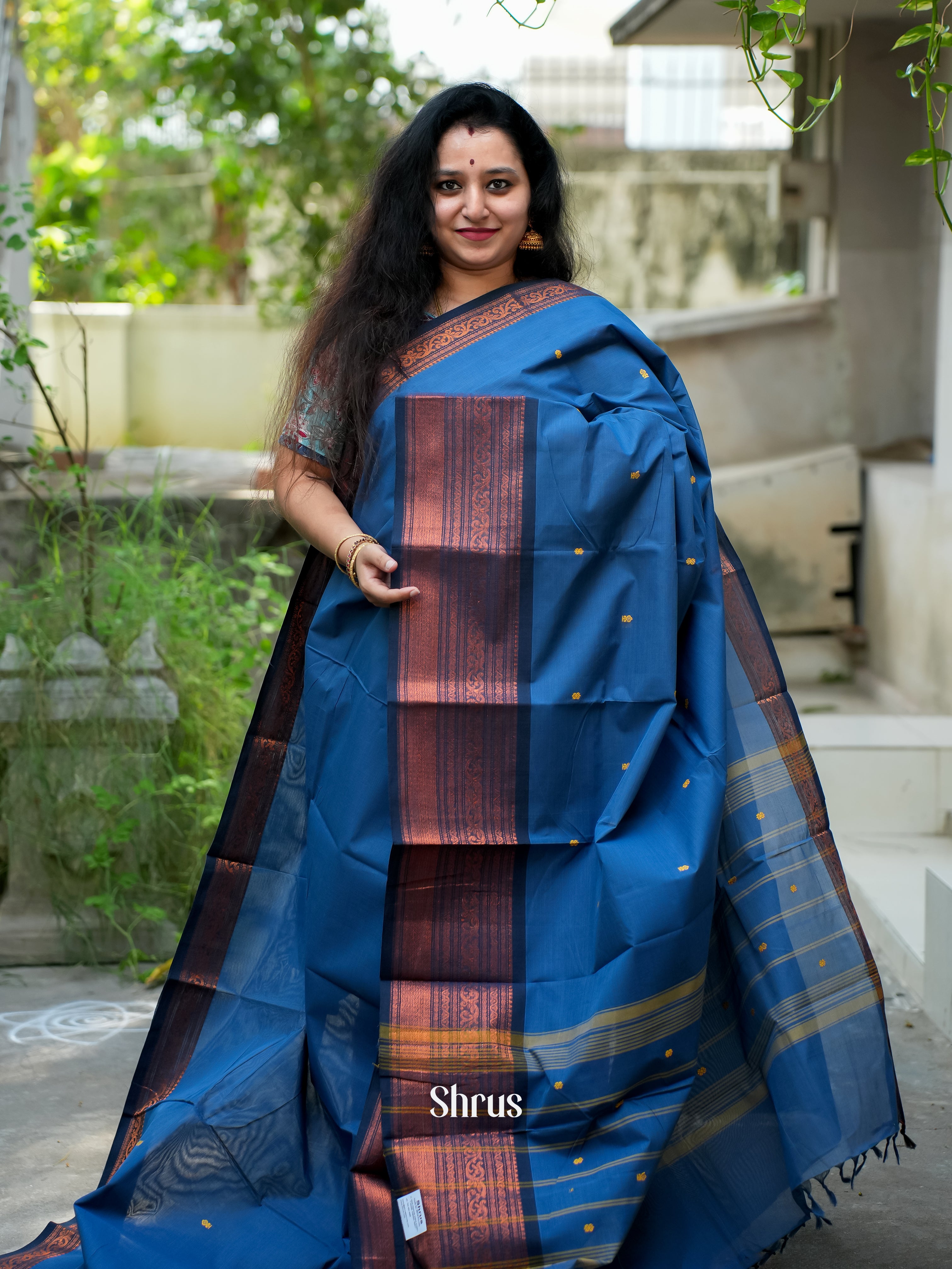 Blue & Navy Blue- Chettinad Cotton Saree - Shop on ShrusEternity.com