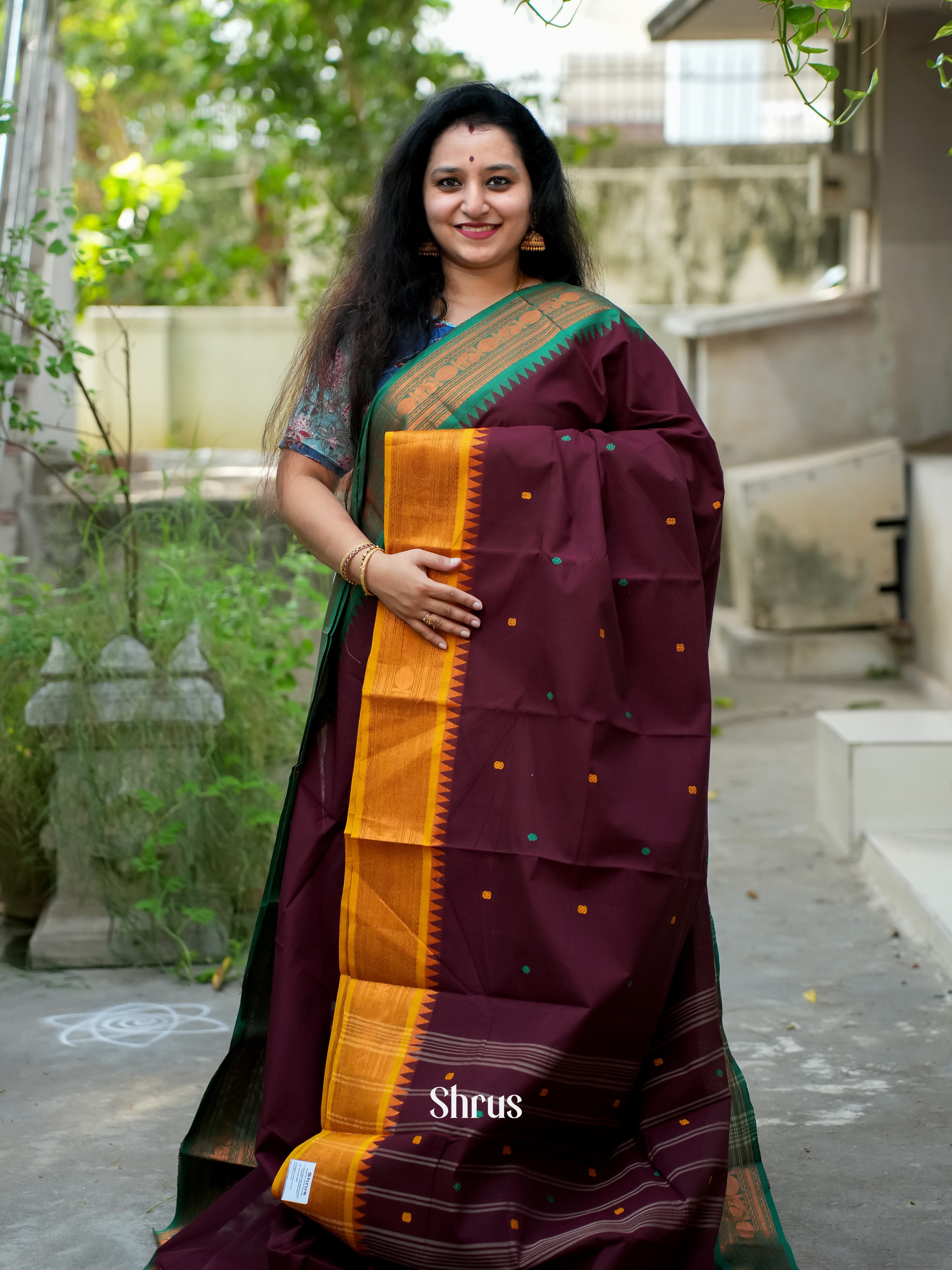 Wine & Mustard - Chettinad Cotton Saree - Shop on ShrusEternity.com