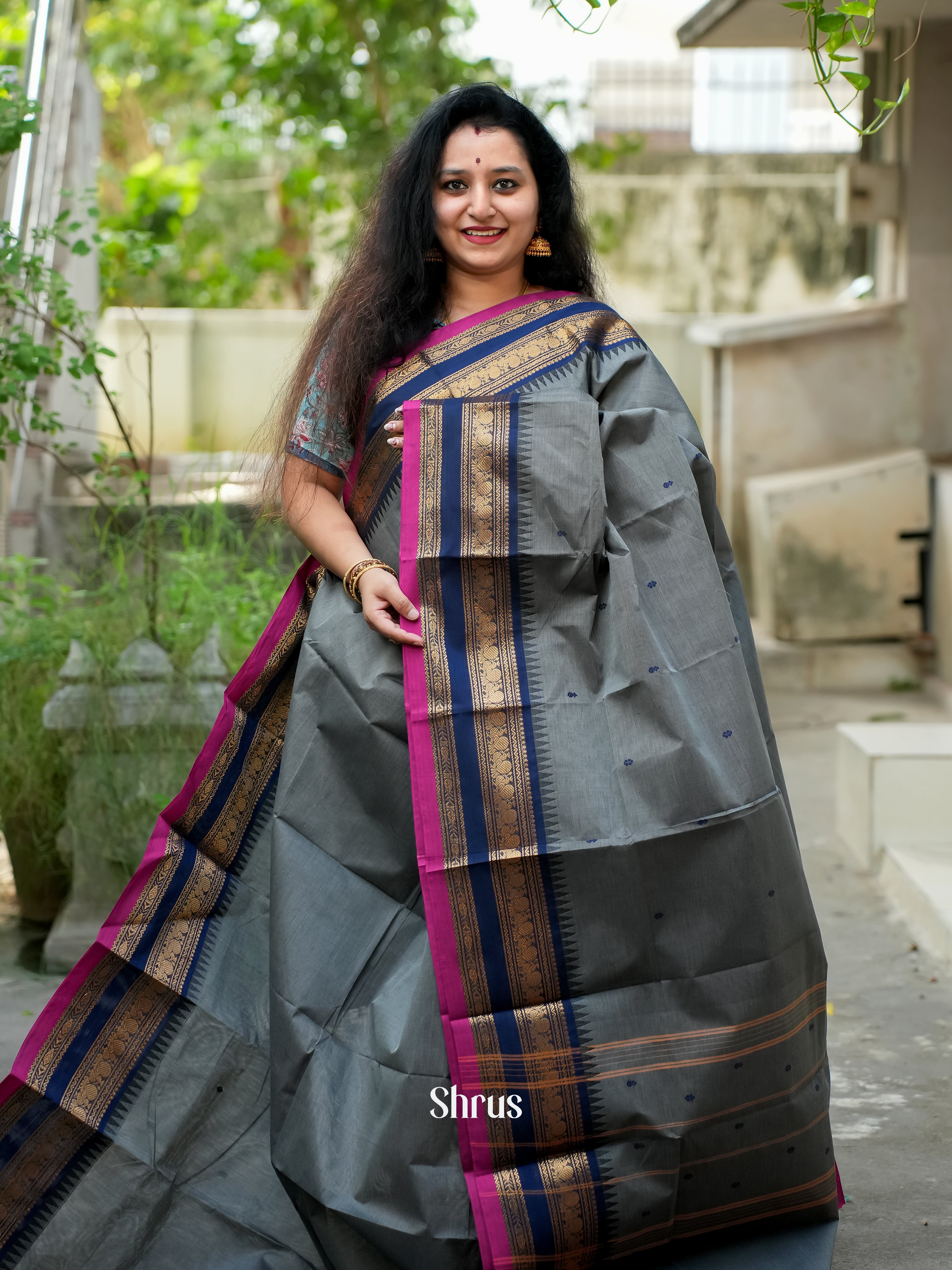 Grey & Blue - Chettinad Cotton Saree - Shop on ShrusEternity.com