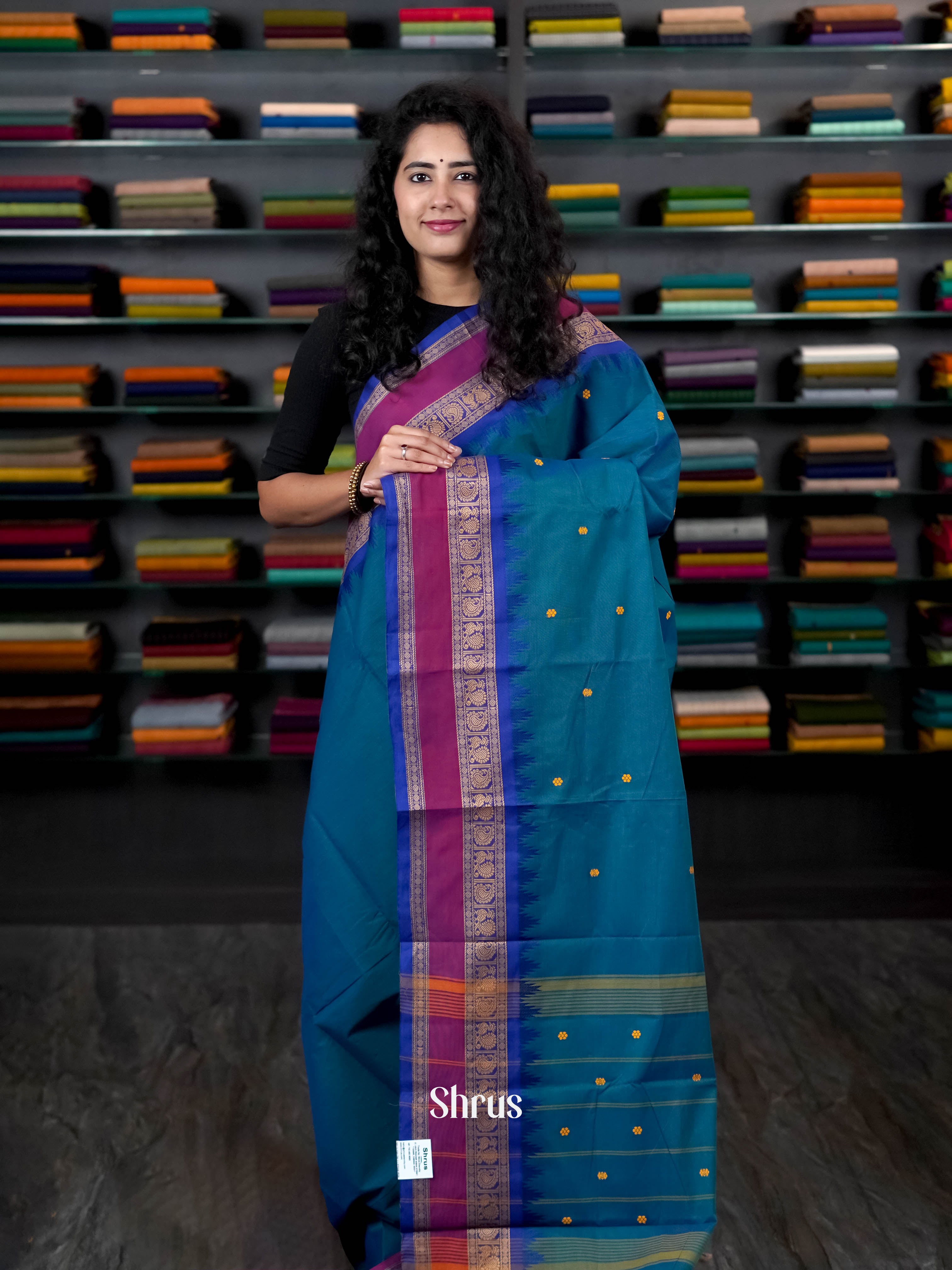 Sky Blue & Blue - Chettinad Cotton Saree - Shop on ShrusEternity.com