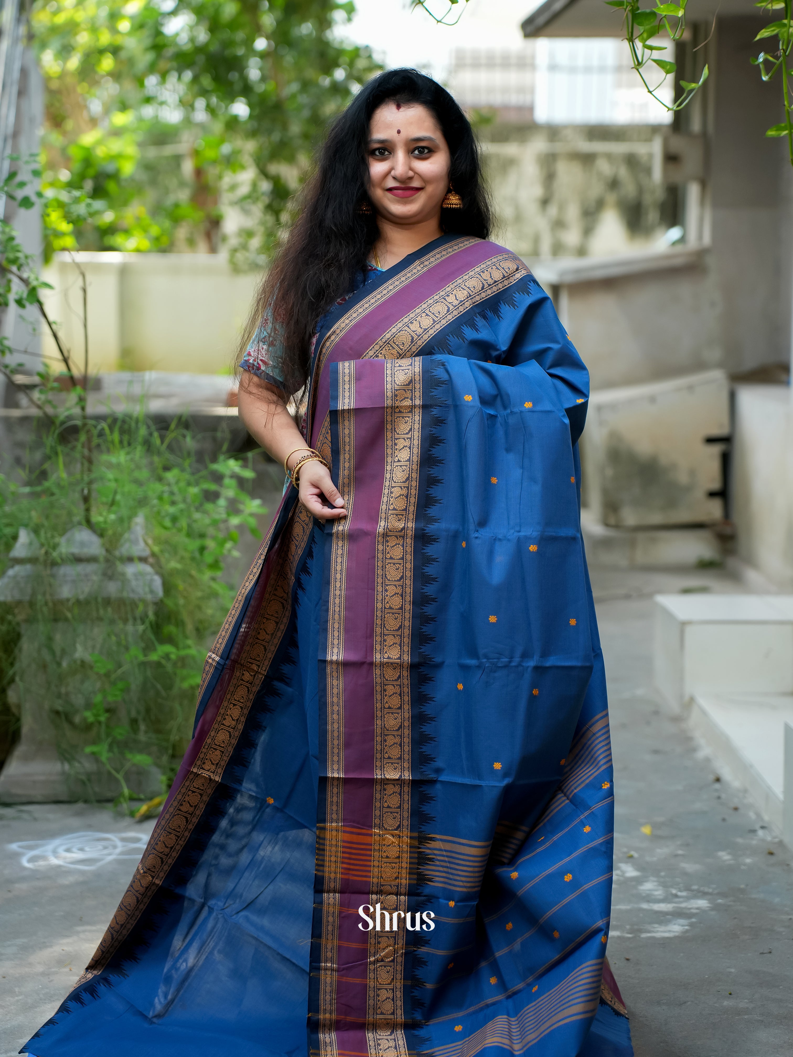 Blue & Purple - Chettinad Cotton Saree - Shop on ShrusEternity.com
