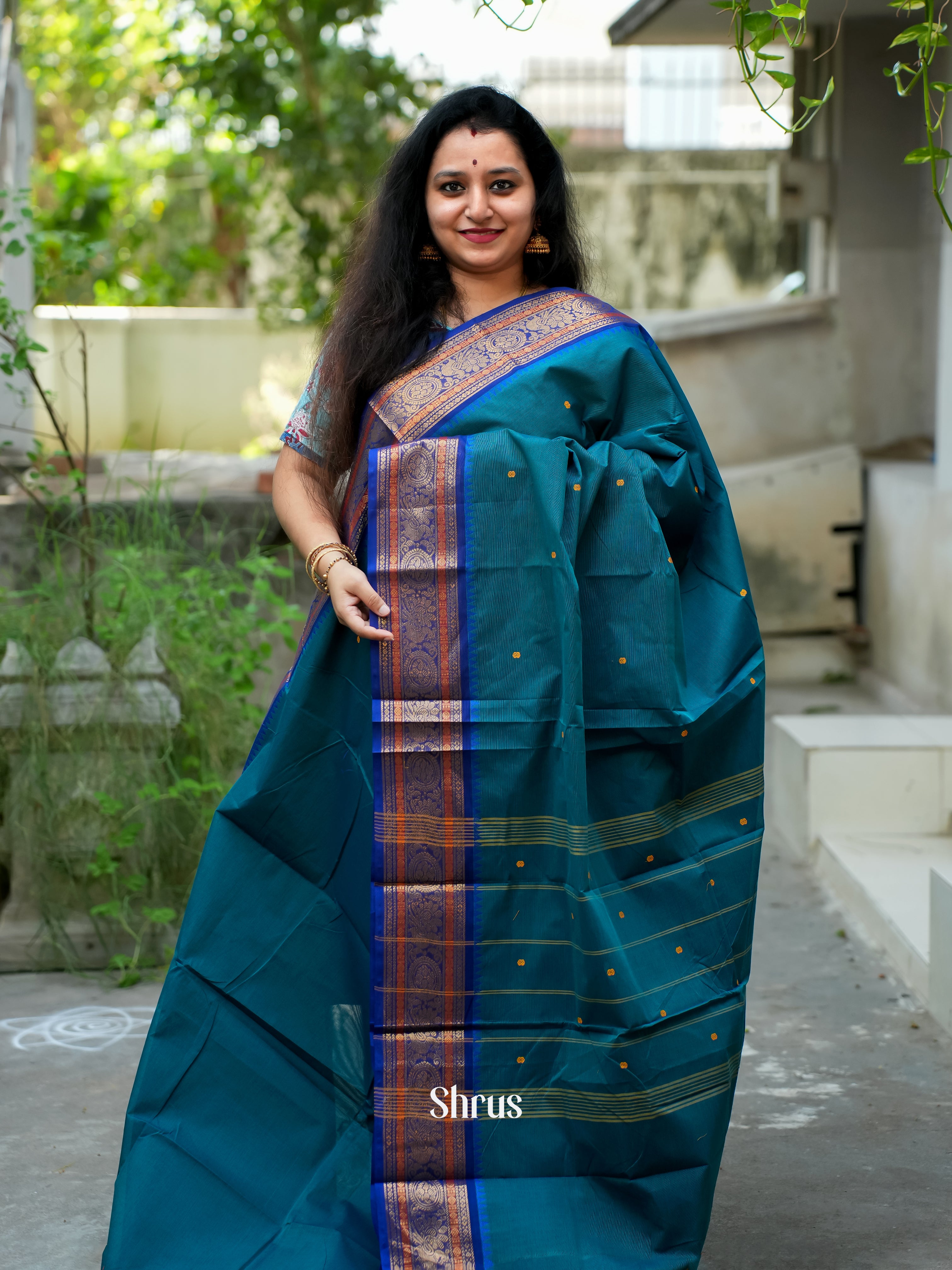 Teal & Blue - Chettinad Cotton Saree - Shop on ShrusEternity.com