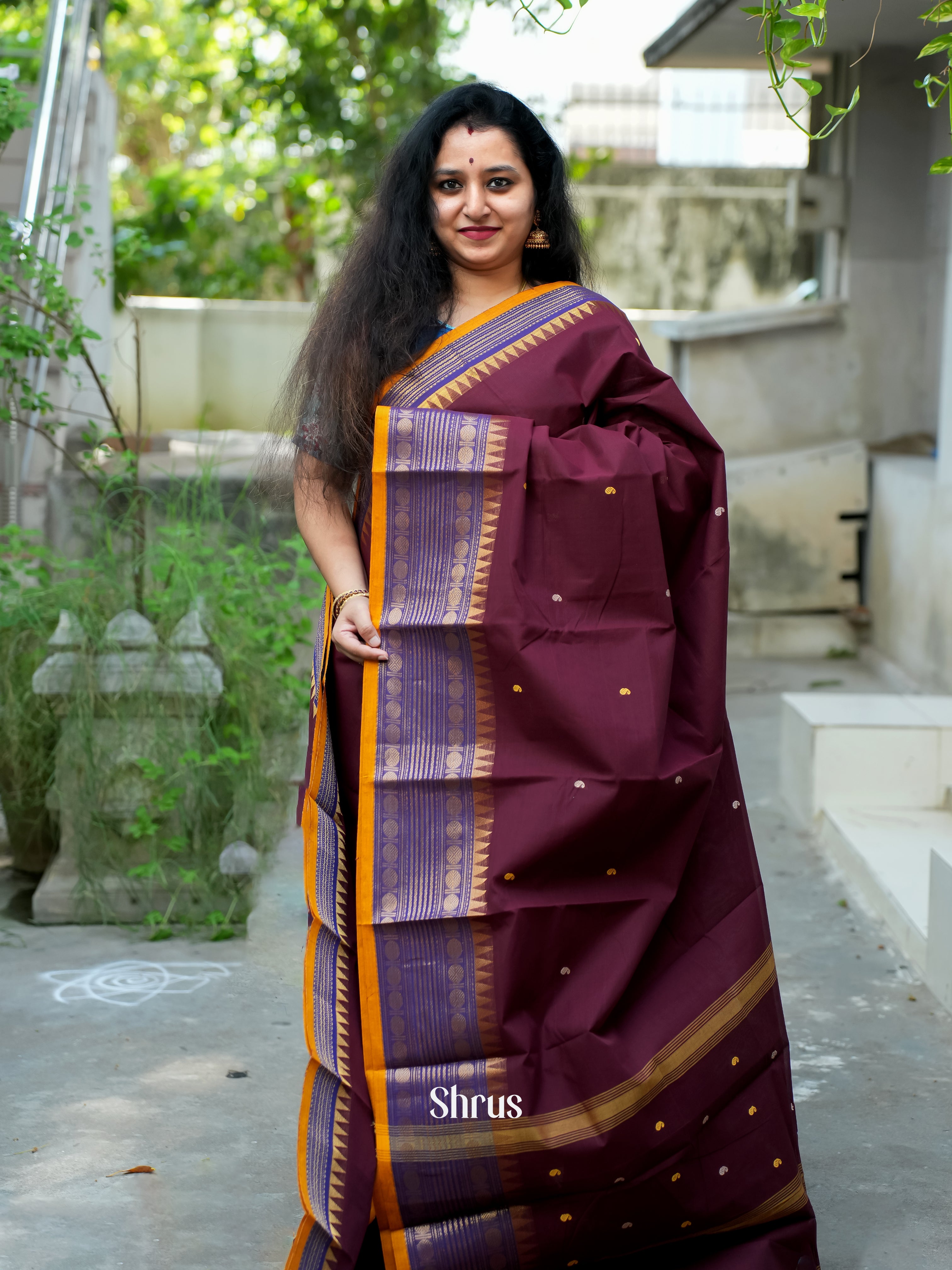 Wine & Mustard - Chettinad Cotton Saree - Shop on ShrusEternity.com