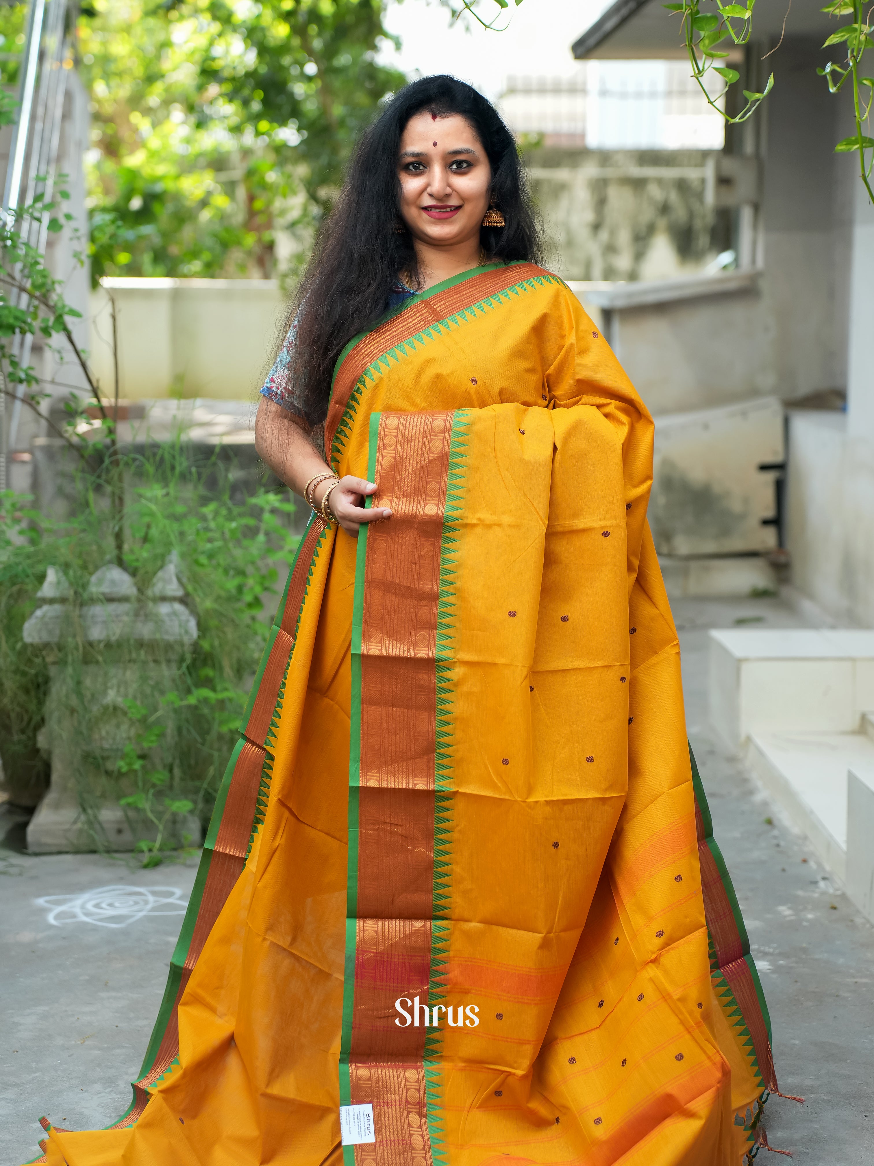 Yellow & Green - Chettinad Cotton Saree - Shop on ShrusEternity.com