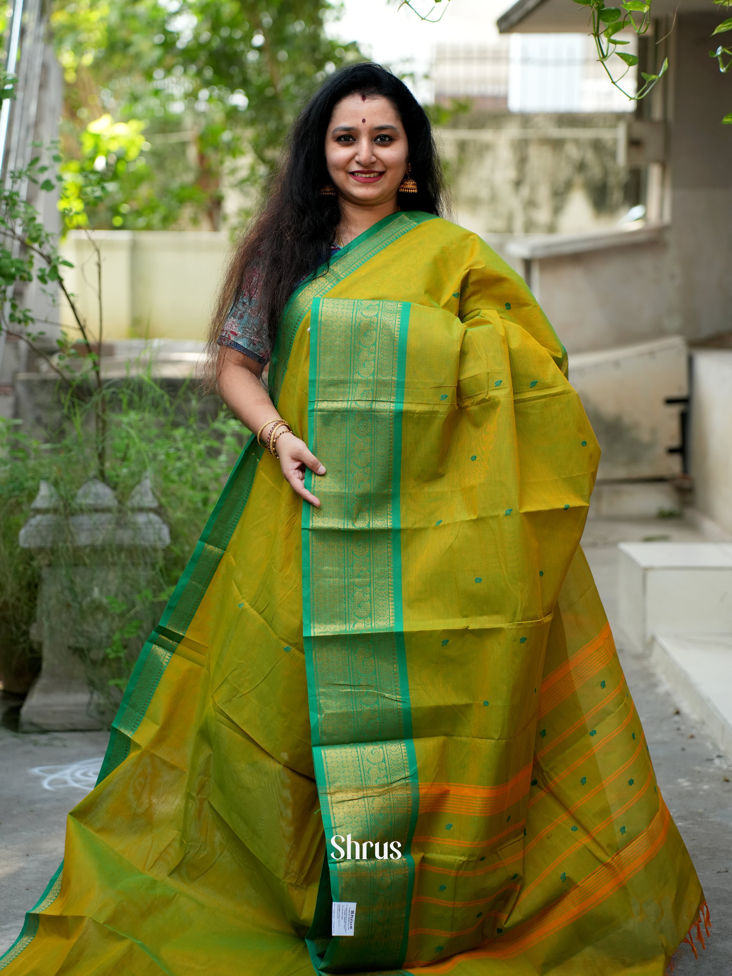 Light Green & Green - Chettinad Cotton Saree - Shop on ShrusEternity.com