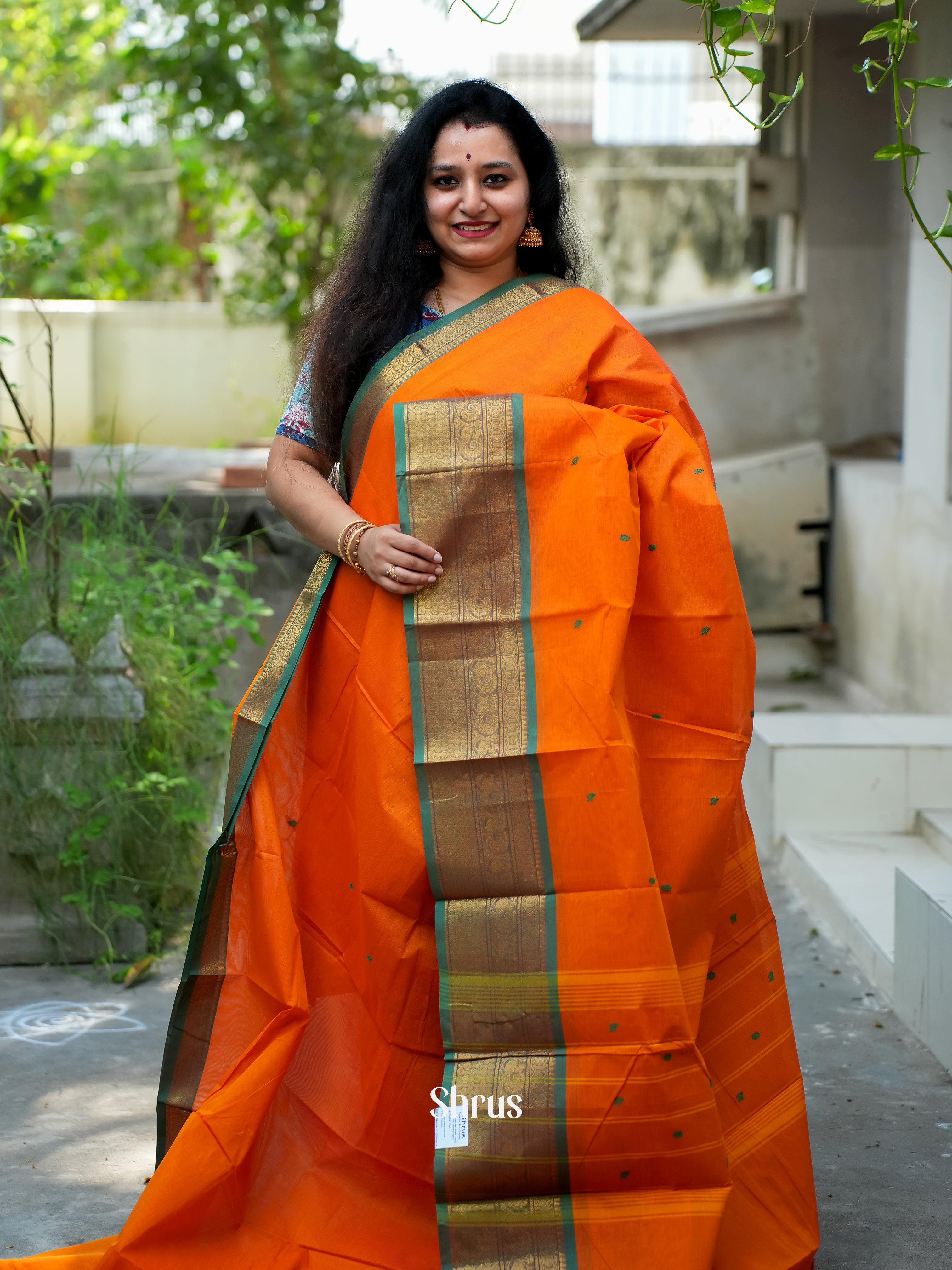 Orange & Green - Chettinad Cotton Saree - Shop on ShrusEternity.com