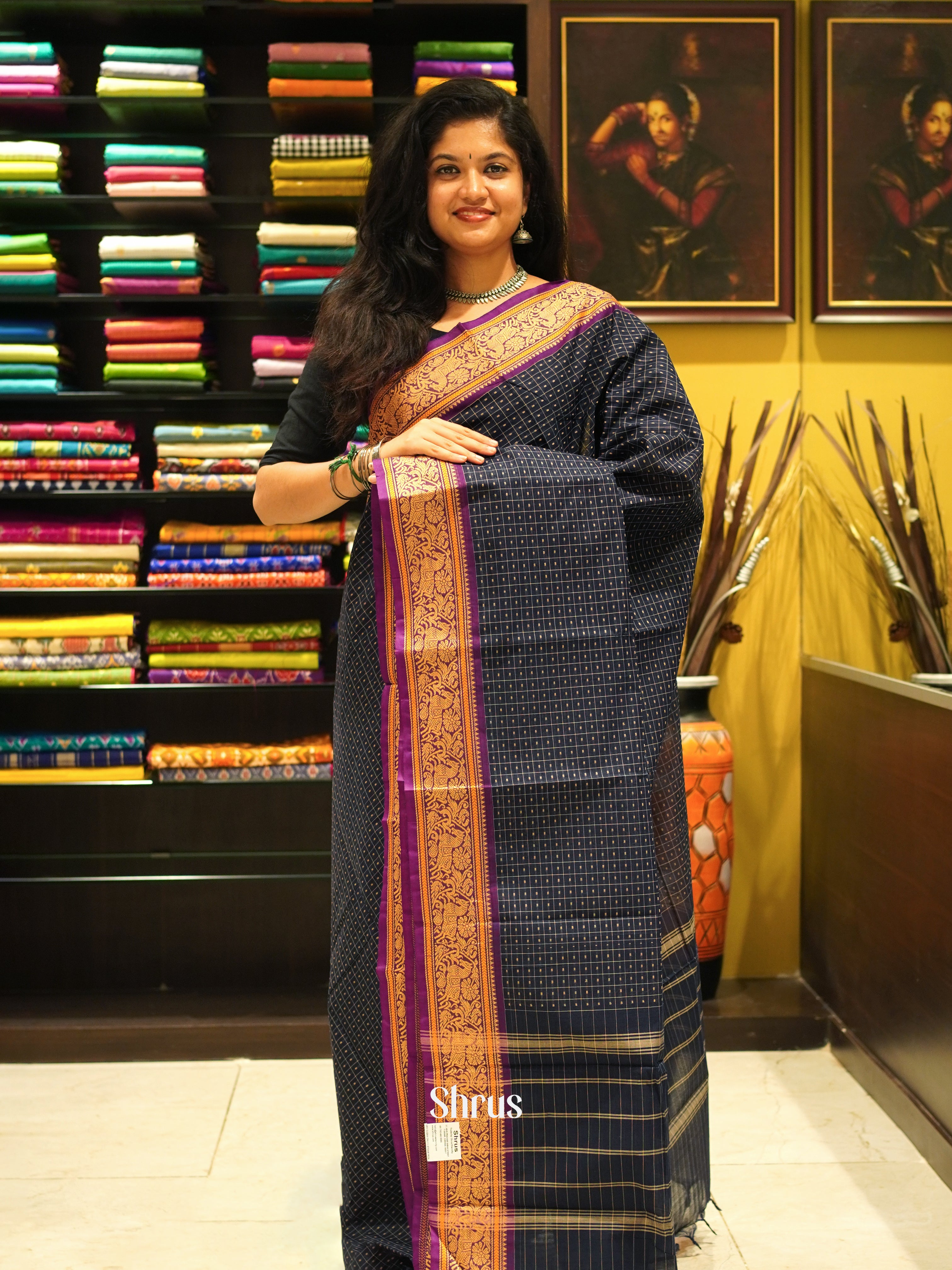 Black & Purple - Chettinad Cotton Saree - Shop on ShrusEternity.com