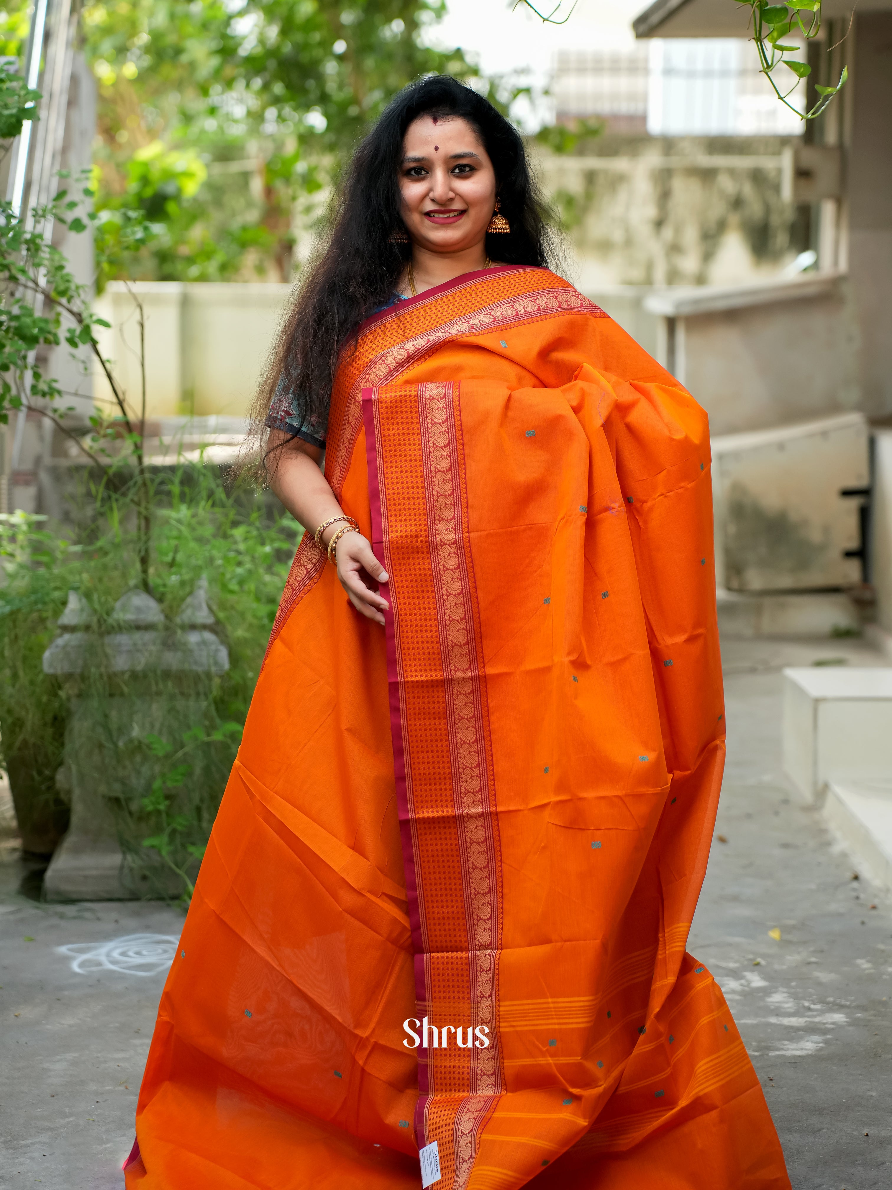 Orange & Red- Chettinad Cotton Saree - Shop on ShrusEternity.com