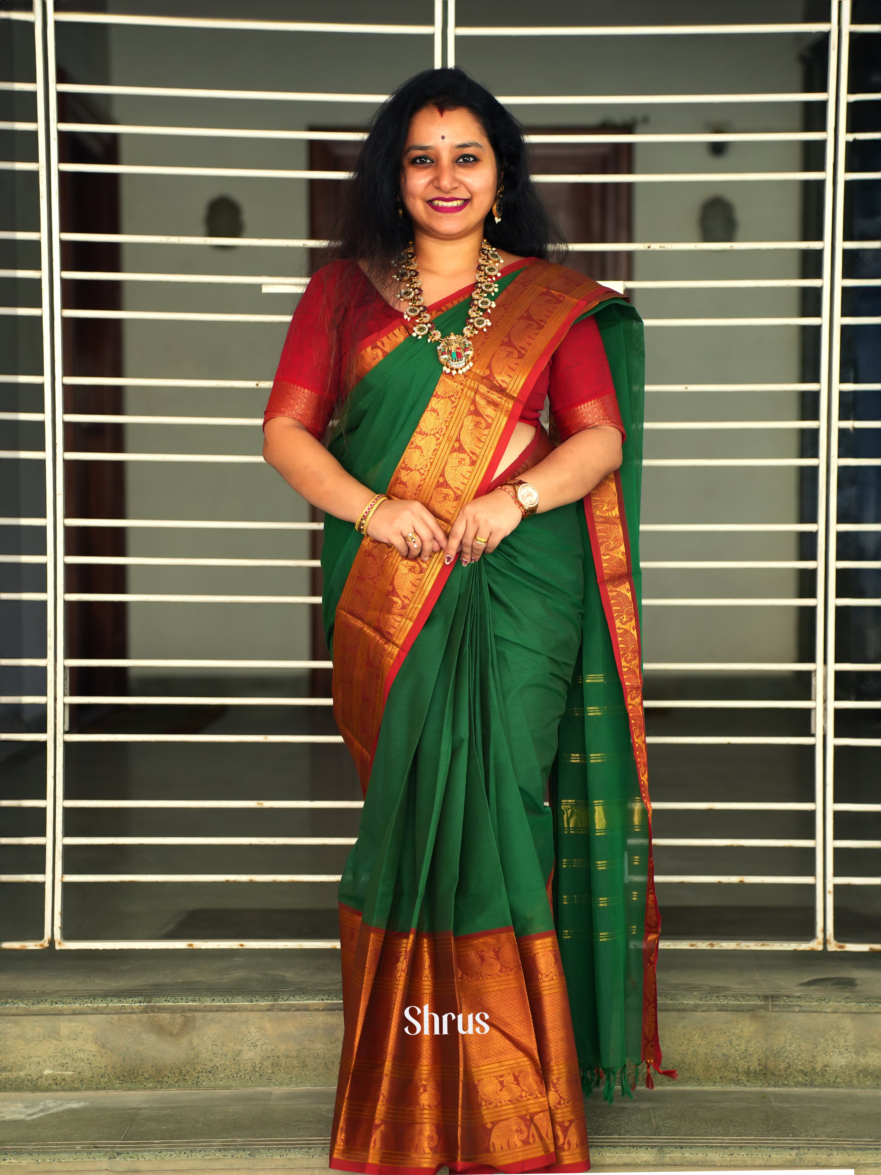 Green & Red - Narayanpet Cotton Saree - Shop on ShrusEternity.com