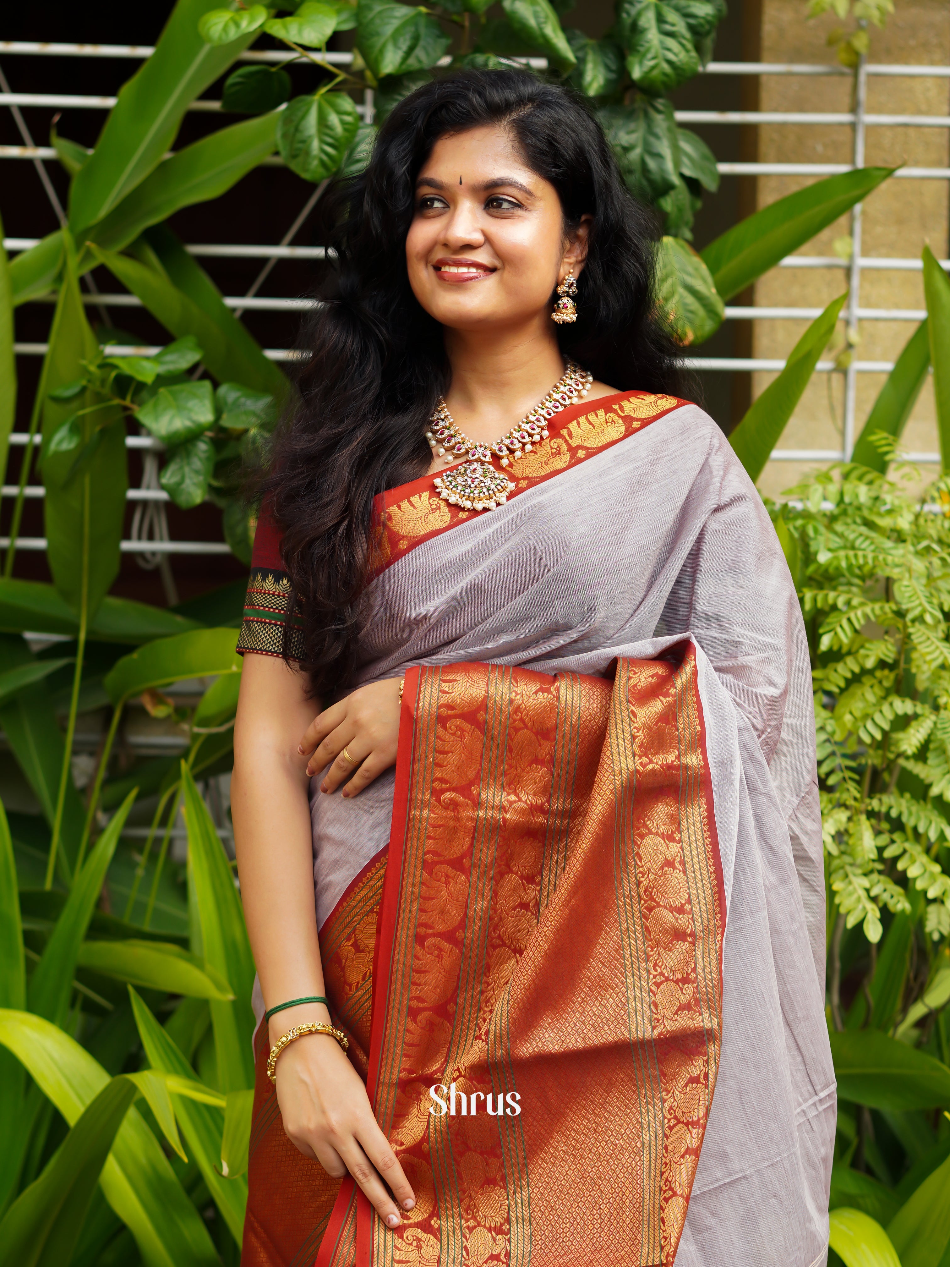 Grey & Red - Narayanpet Cotton Saree