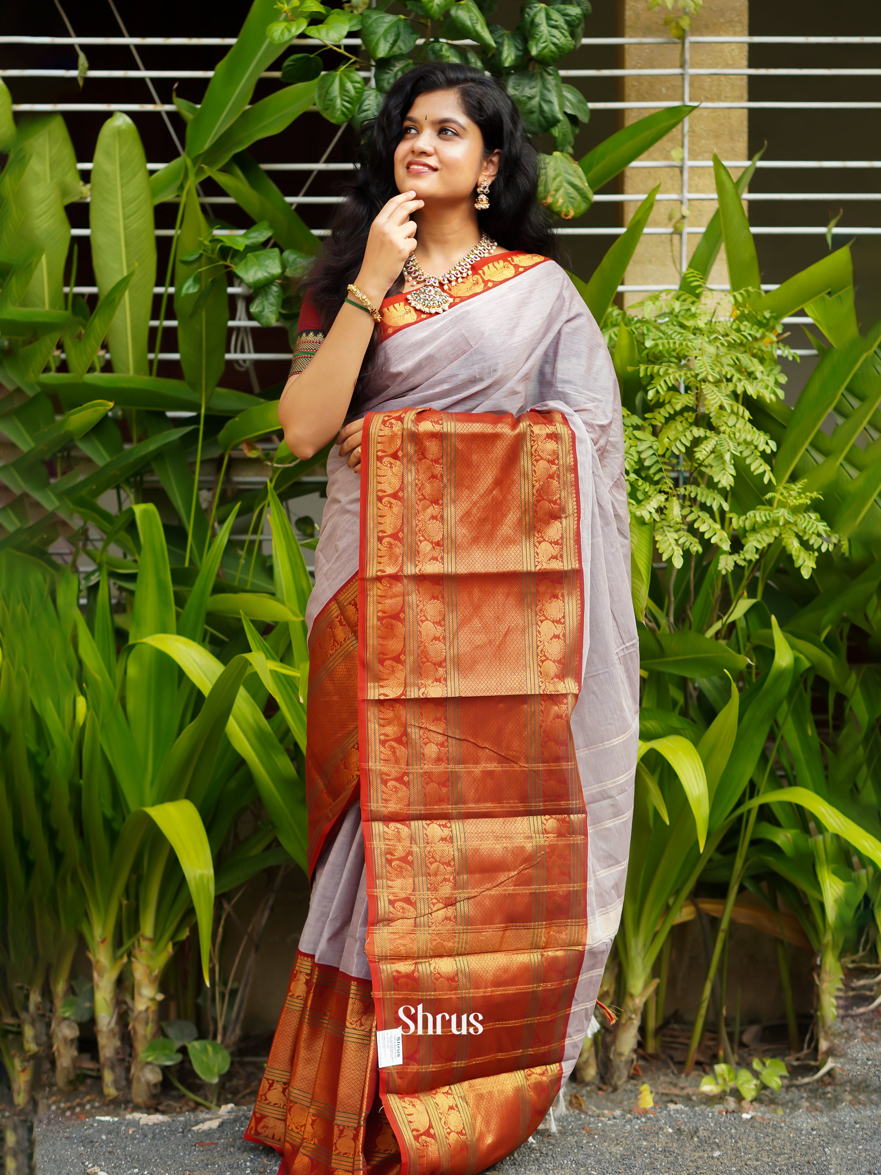 Grey & Red - Narayanpet Cotton Saree - Shop on ShrusEternity.com
