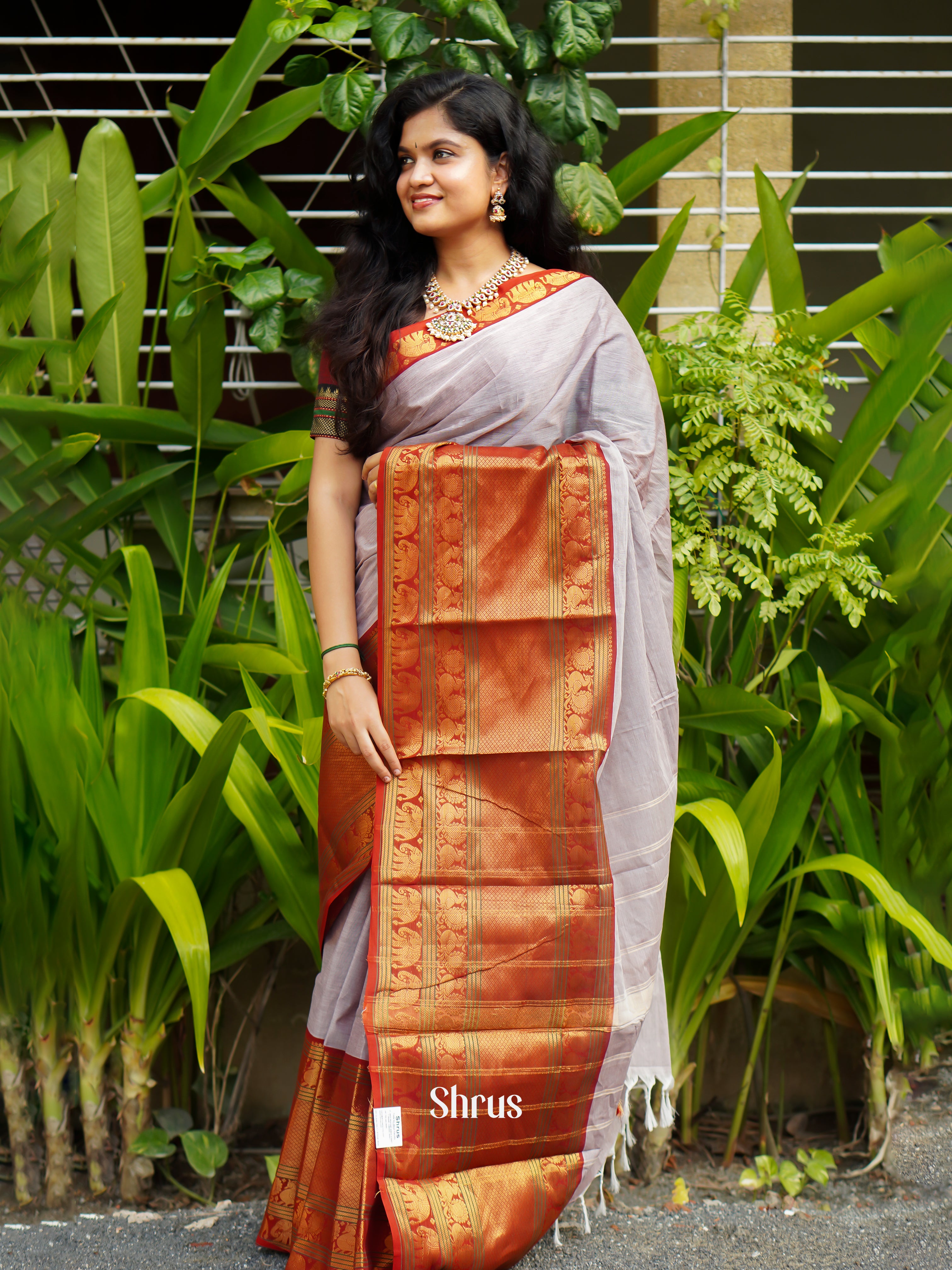 Grey & Red - Narayanpet Cotton Saree - Shop on ShrusEternity.com