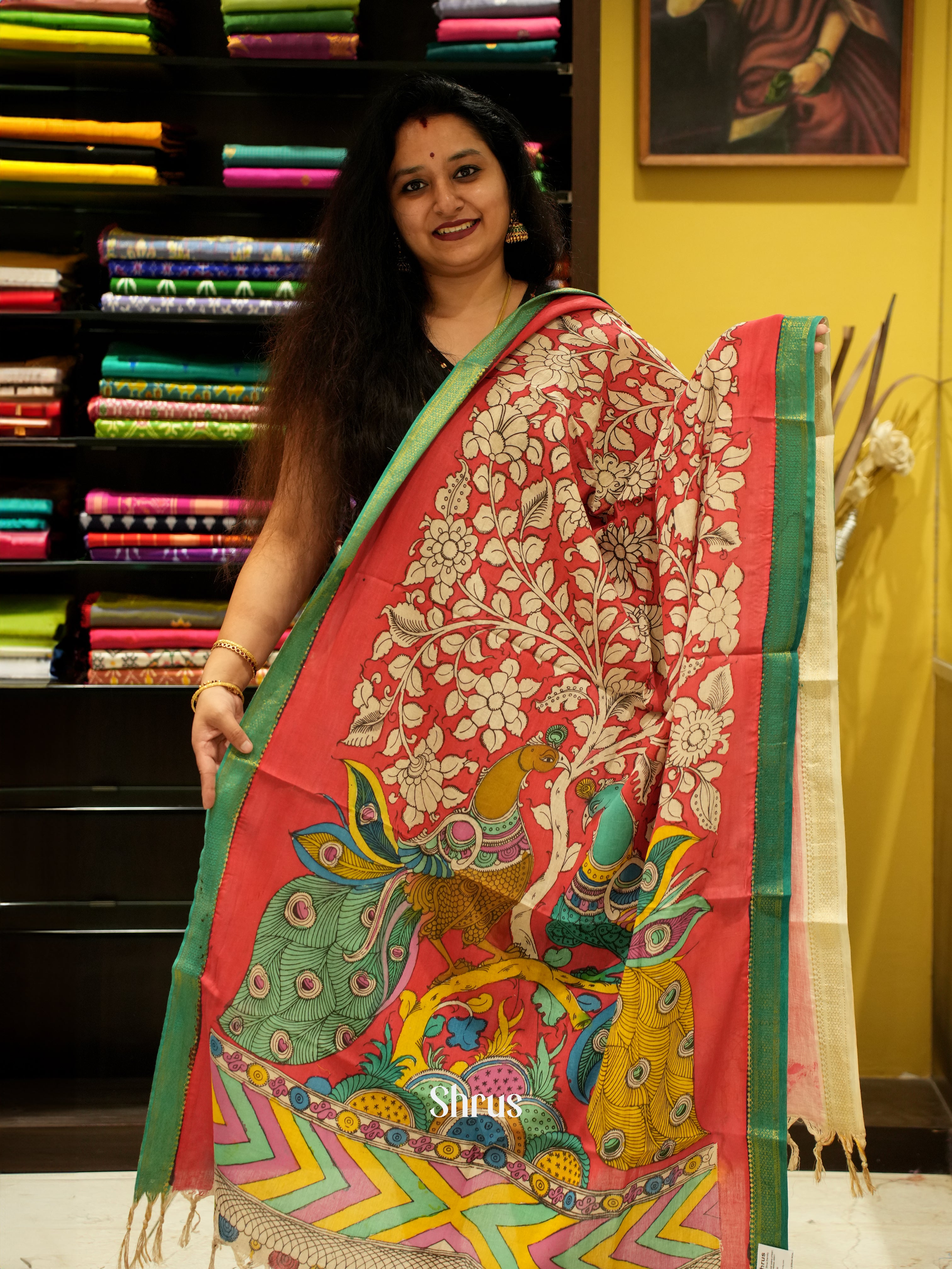 Red & Green - Pen kalamkari Dupatta - Shop on ShrusEternity.com