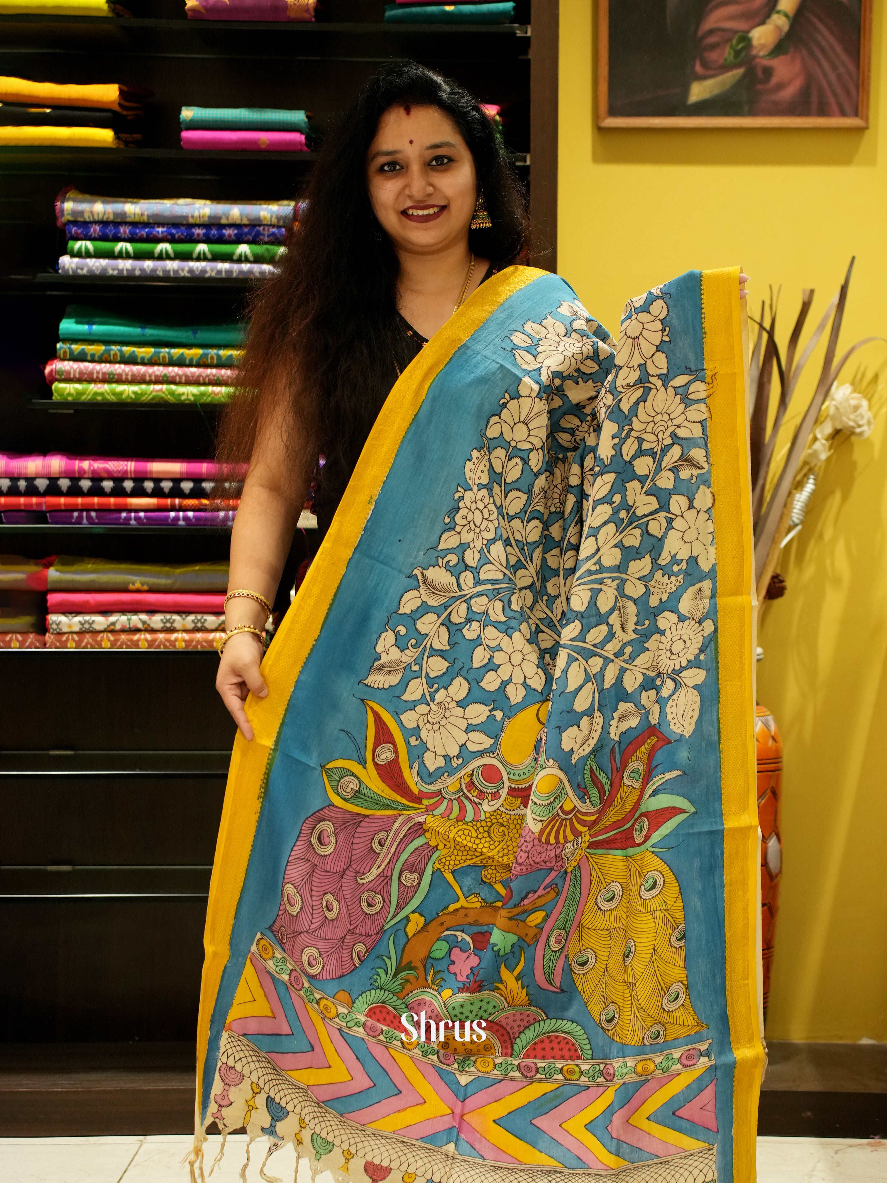 Blue & Yellow - Pen kalamkari Dupatta - Shop on ShrusEternity.com
