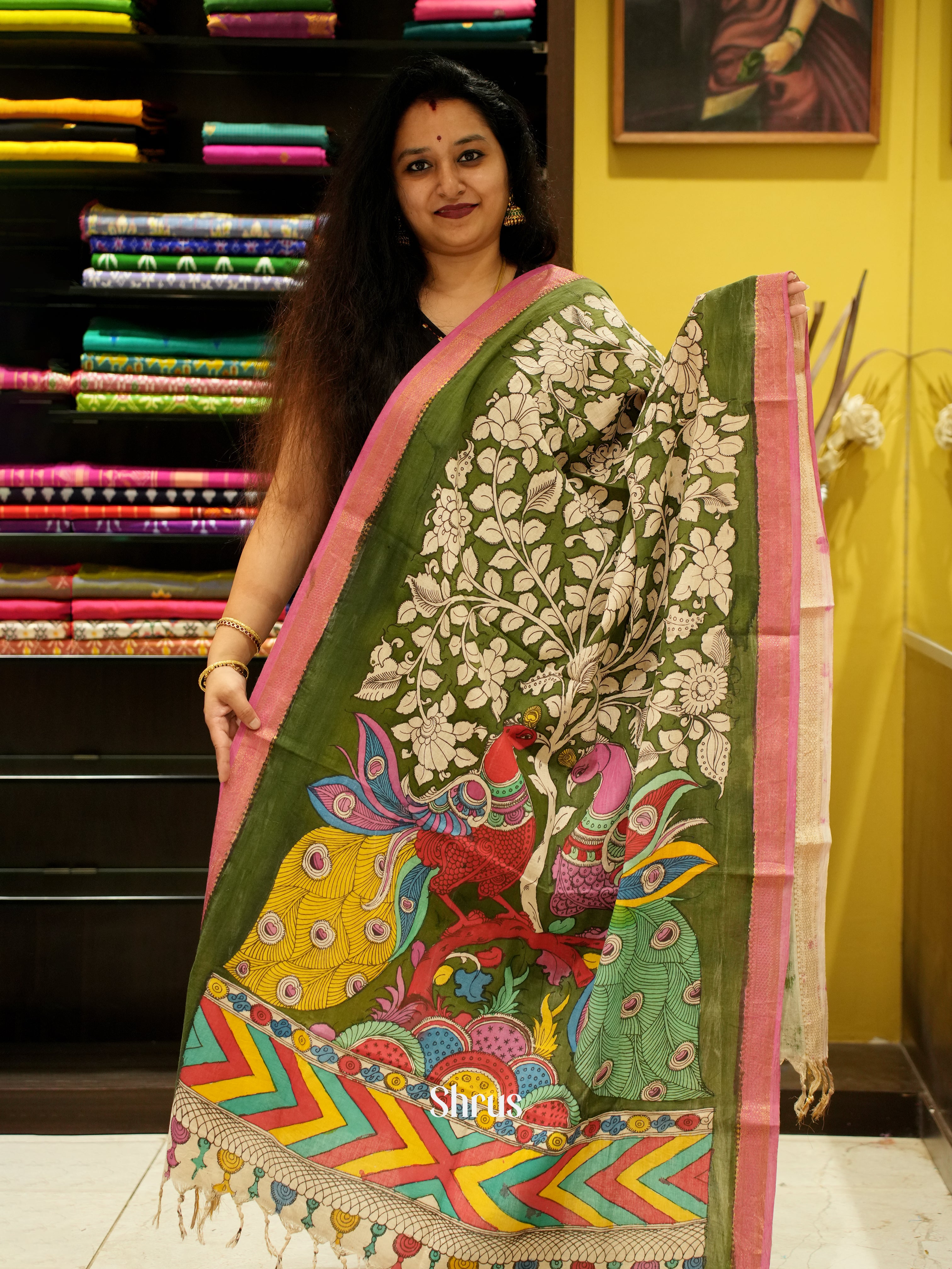 Green & Pink - Pen kalamkari Dupatta - Shop on ShrusEternity.com