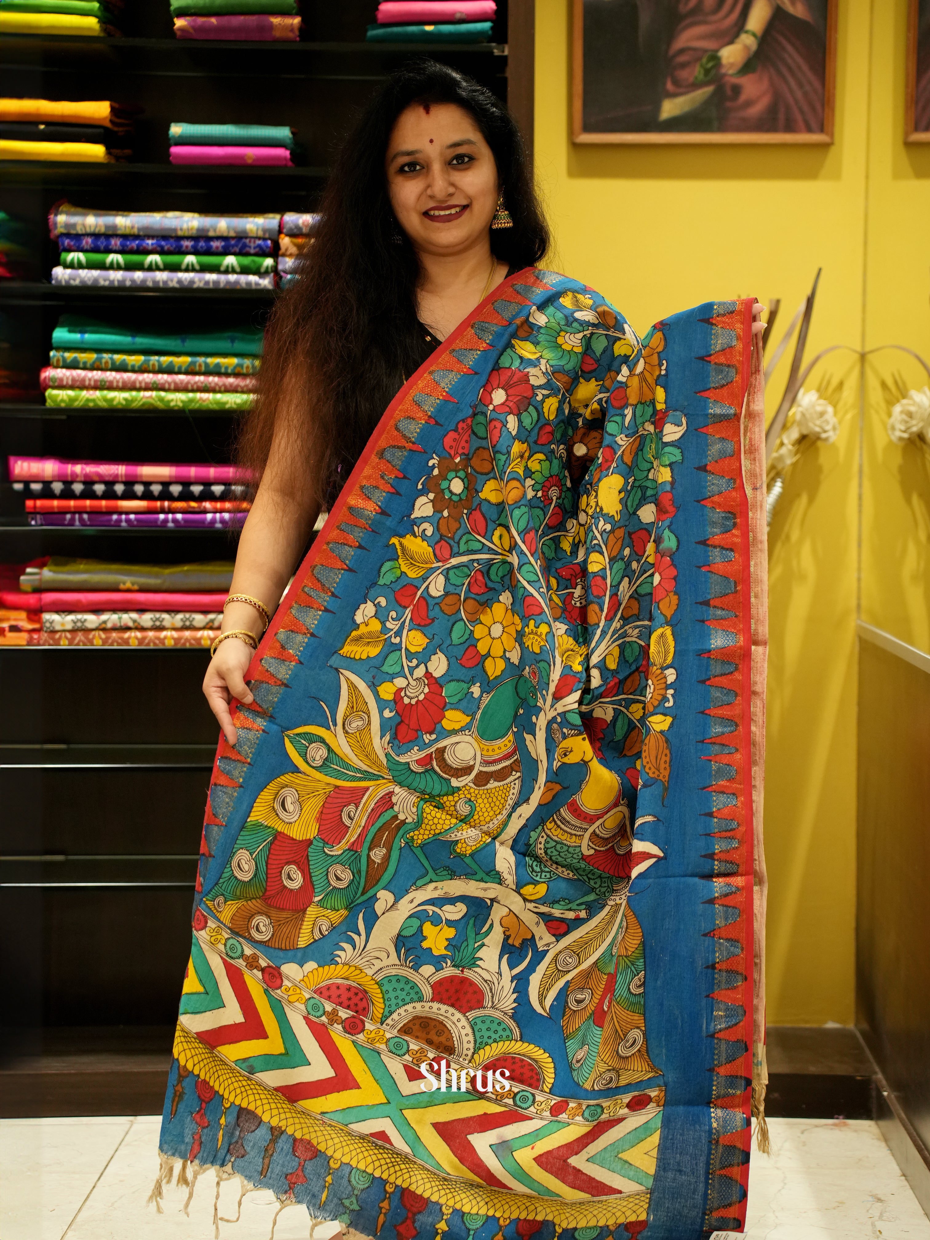 Blue & Red - Pen kalamkari Dupatta - Shop on ShrusEternity.com