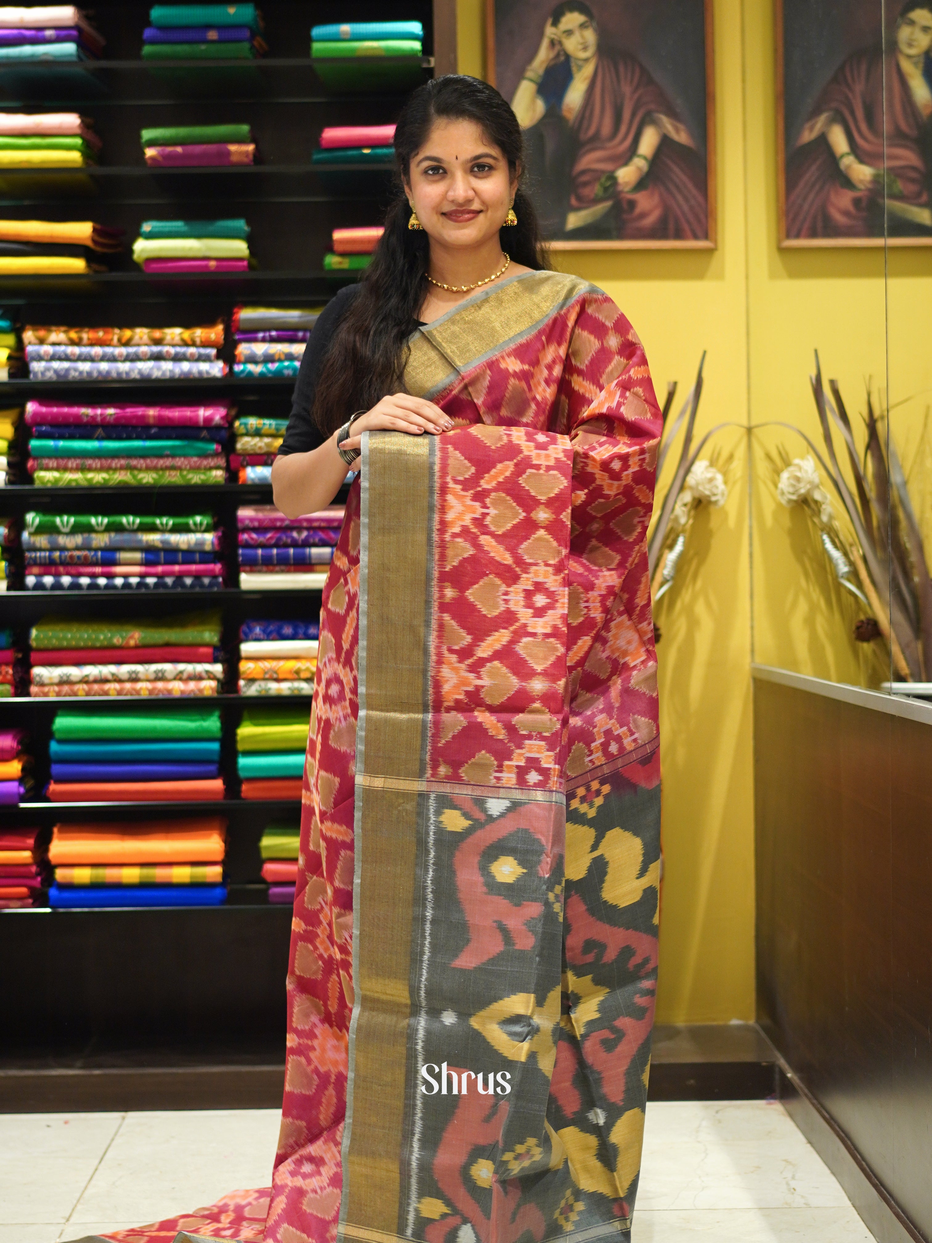 Red & Grey - Pochampally sico Saree - Shop on ShrusEternity.com